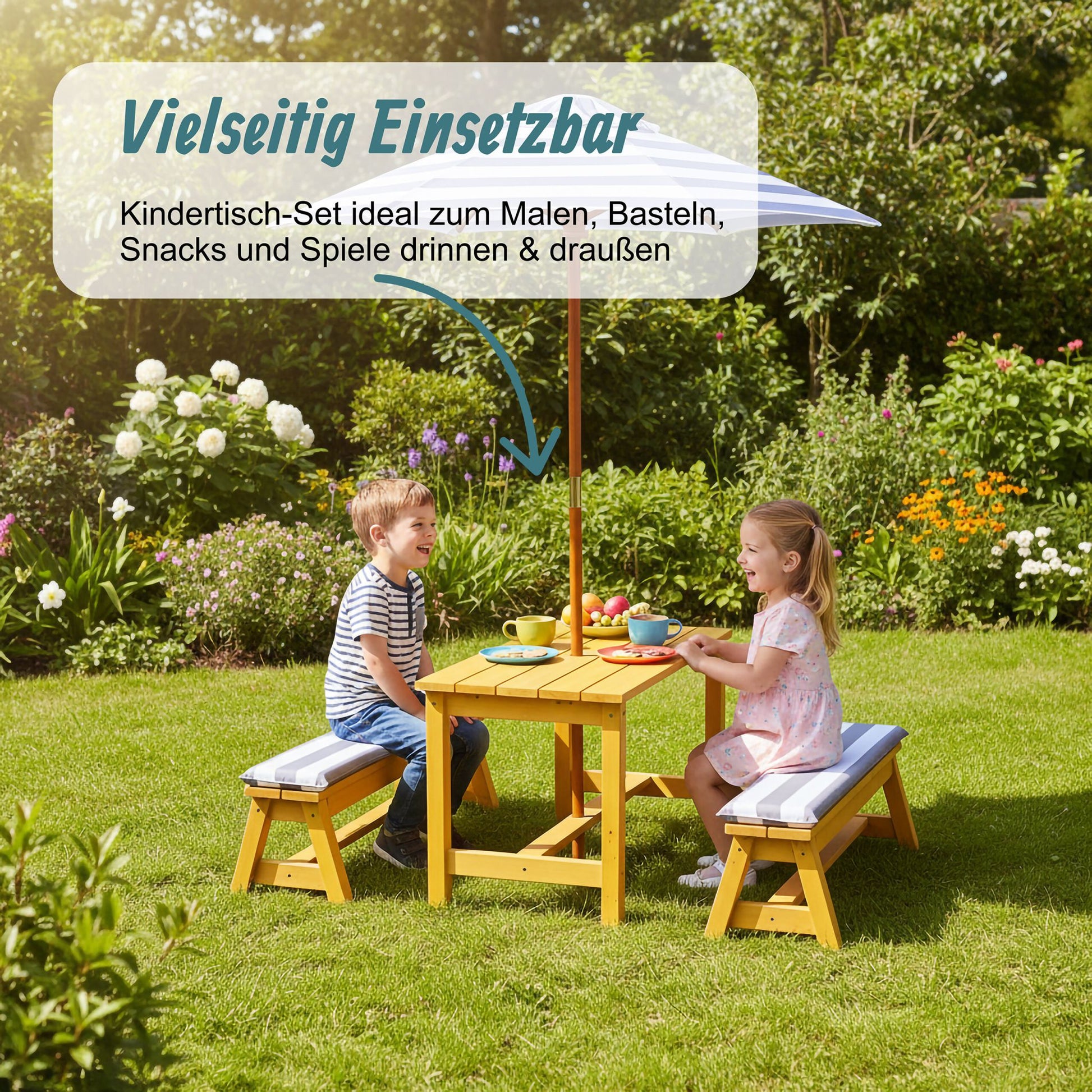 Kindersitzgruppe mit Schirm & Auflagen Weiss-Blau-Hellbraun von Relaxdays