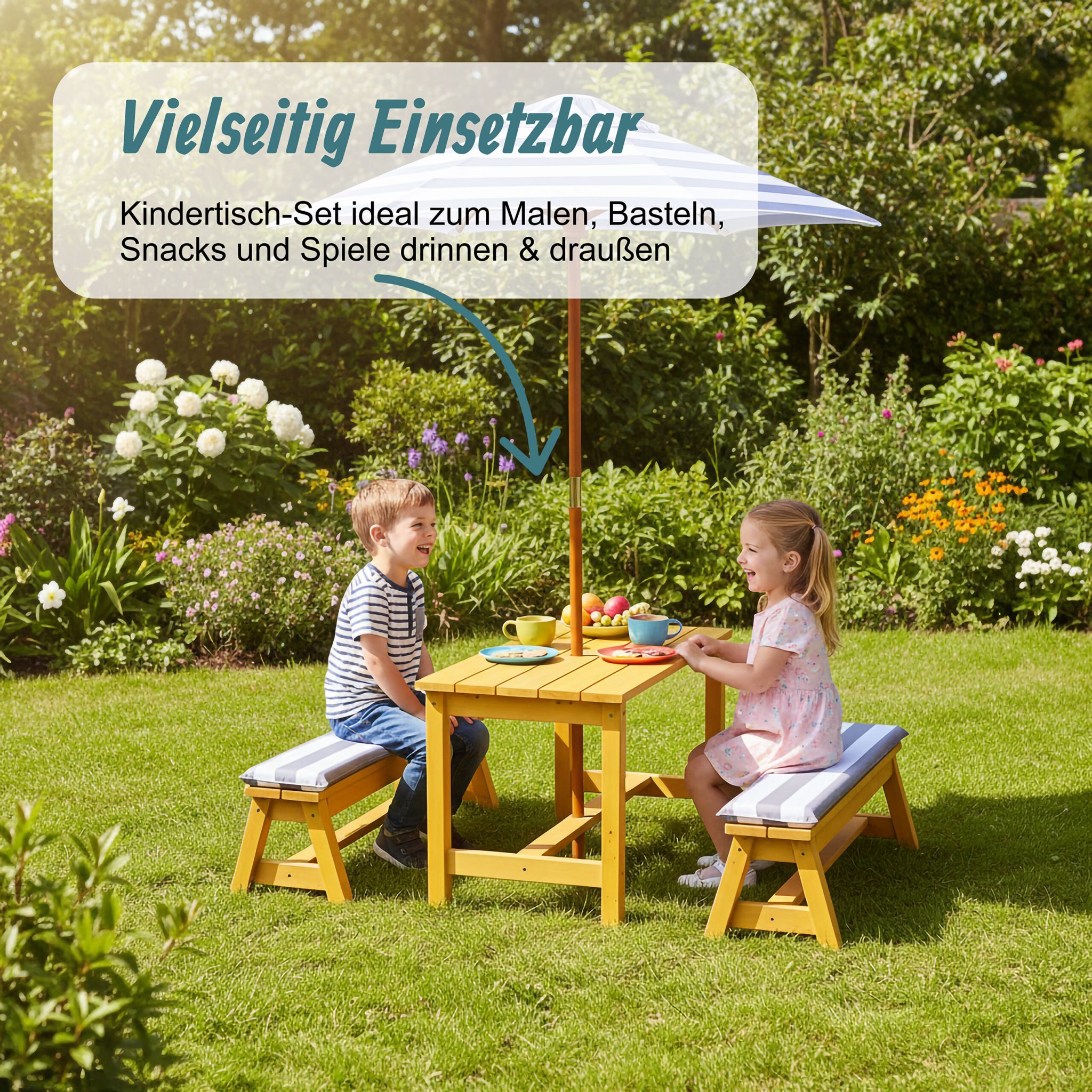 Kindersitzgruppe mit Schirm & Auflagen Weiss-Blau-Hellbraun von Relaxdays