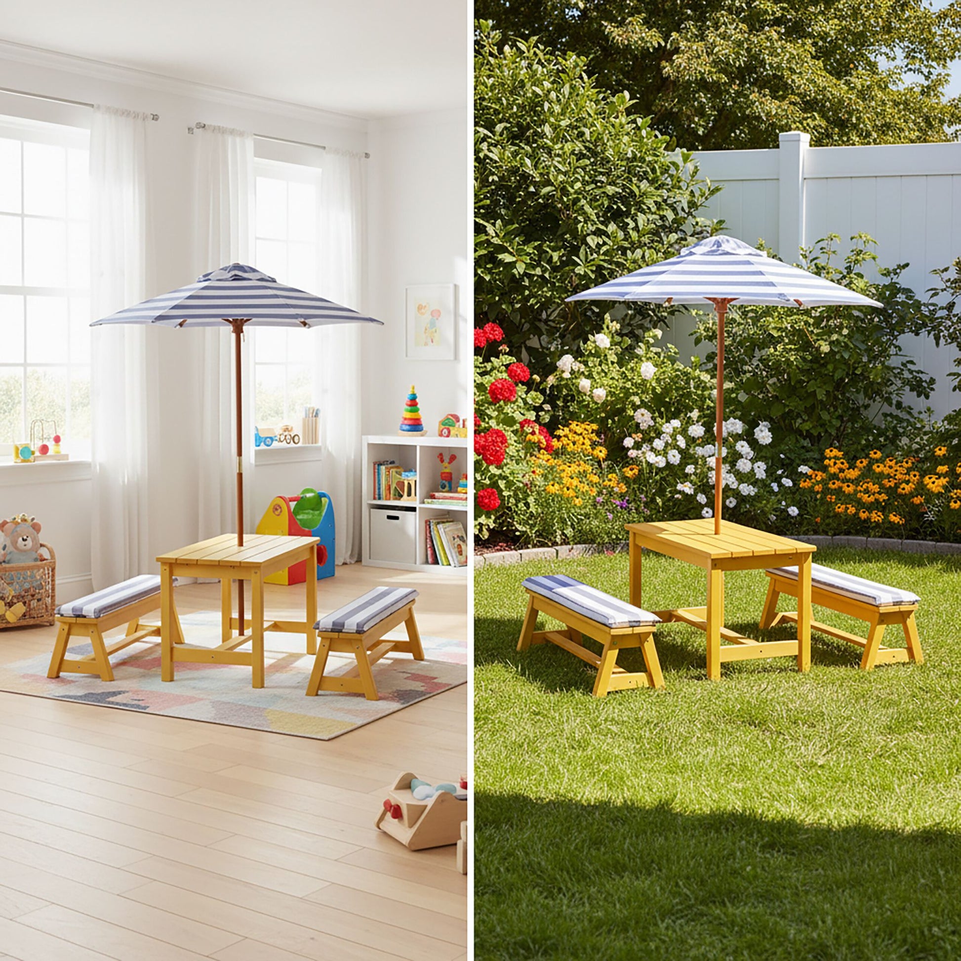 Kindersitzgruppe mit Schirm & Auflagen Weiss-Blau-Hellbraun von Relaxdays