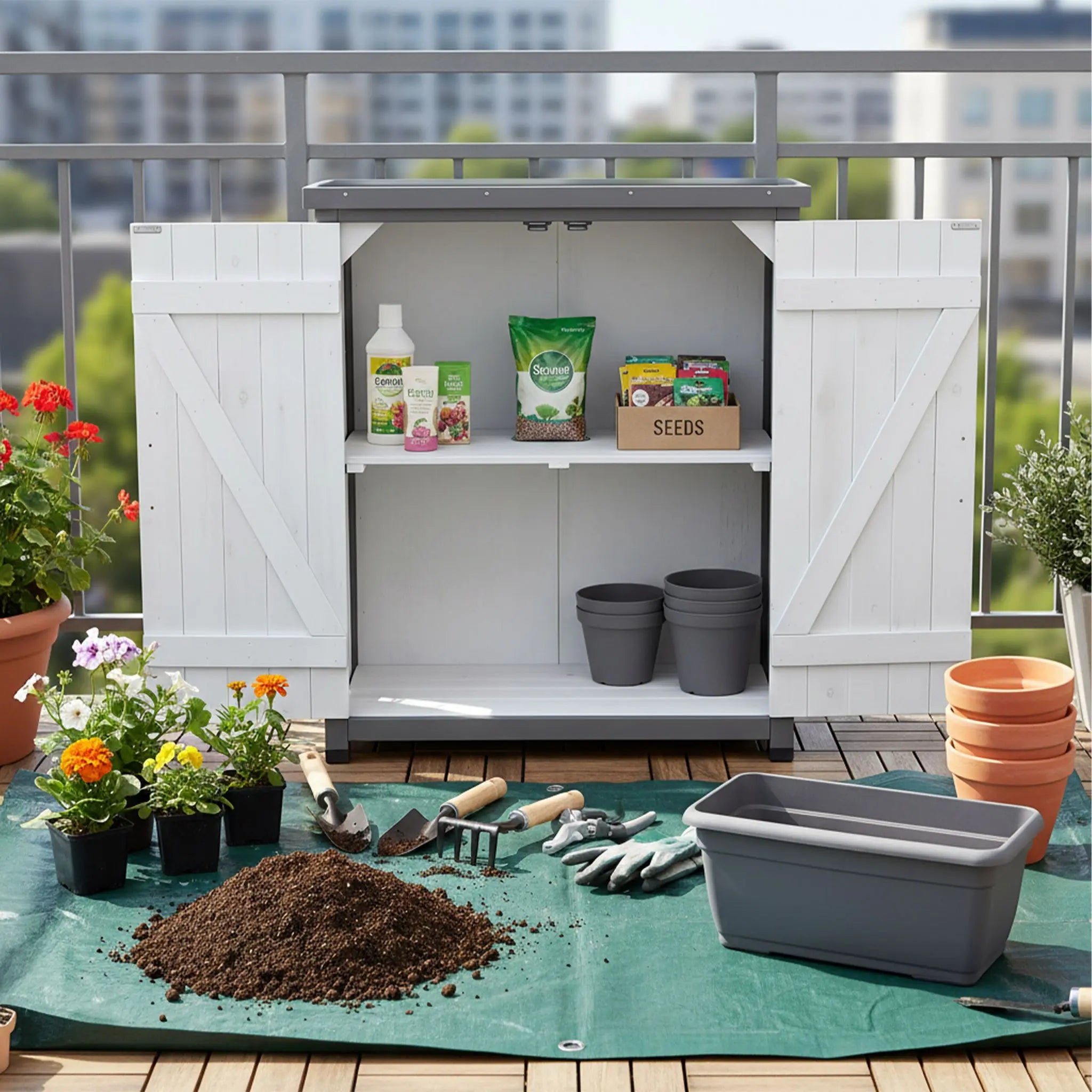 Pflanztisch mit Unterschrank Weiss-Silber-Grau von Relaxdays