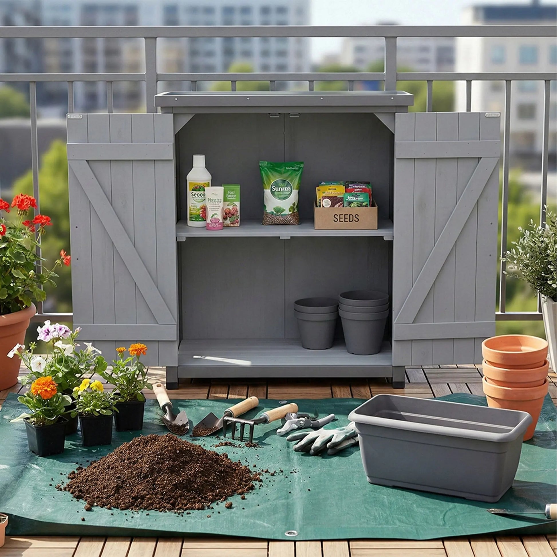 Pflanztisch mit Unterschrank Schwarz-Silber-Grau von Relaxdays