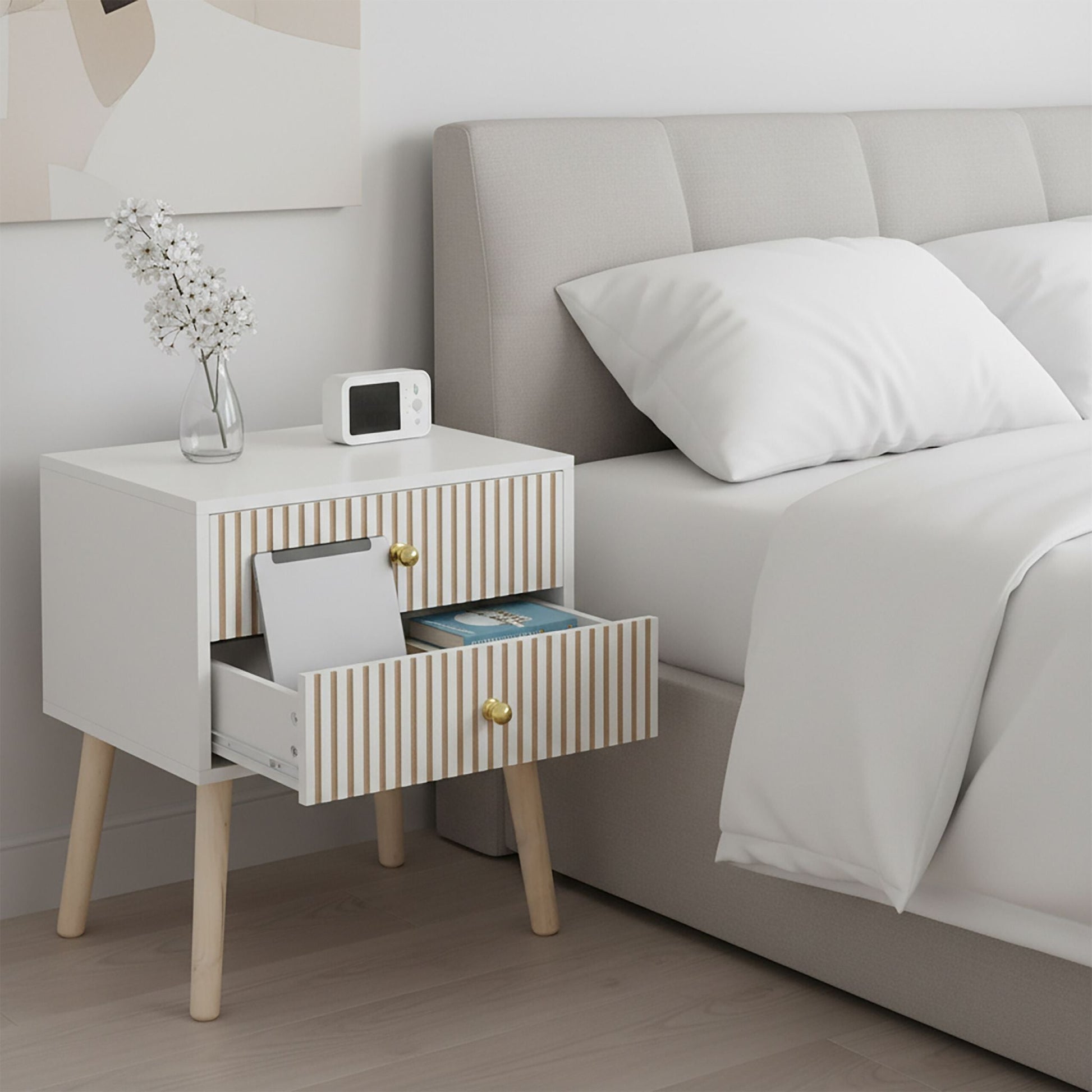 Nachttisch geriffelt 2 Schubladen Weiss-Gold-Hellbraun von Relaxdays