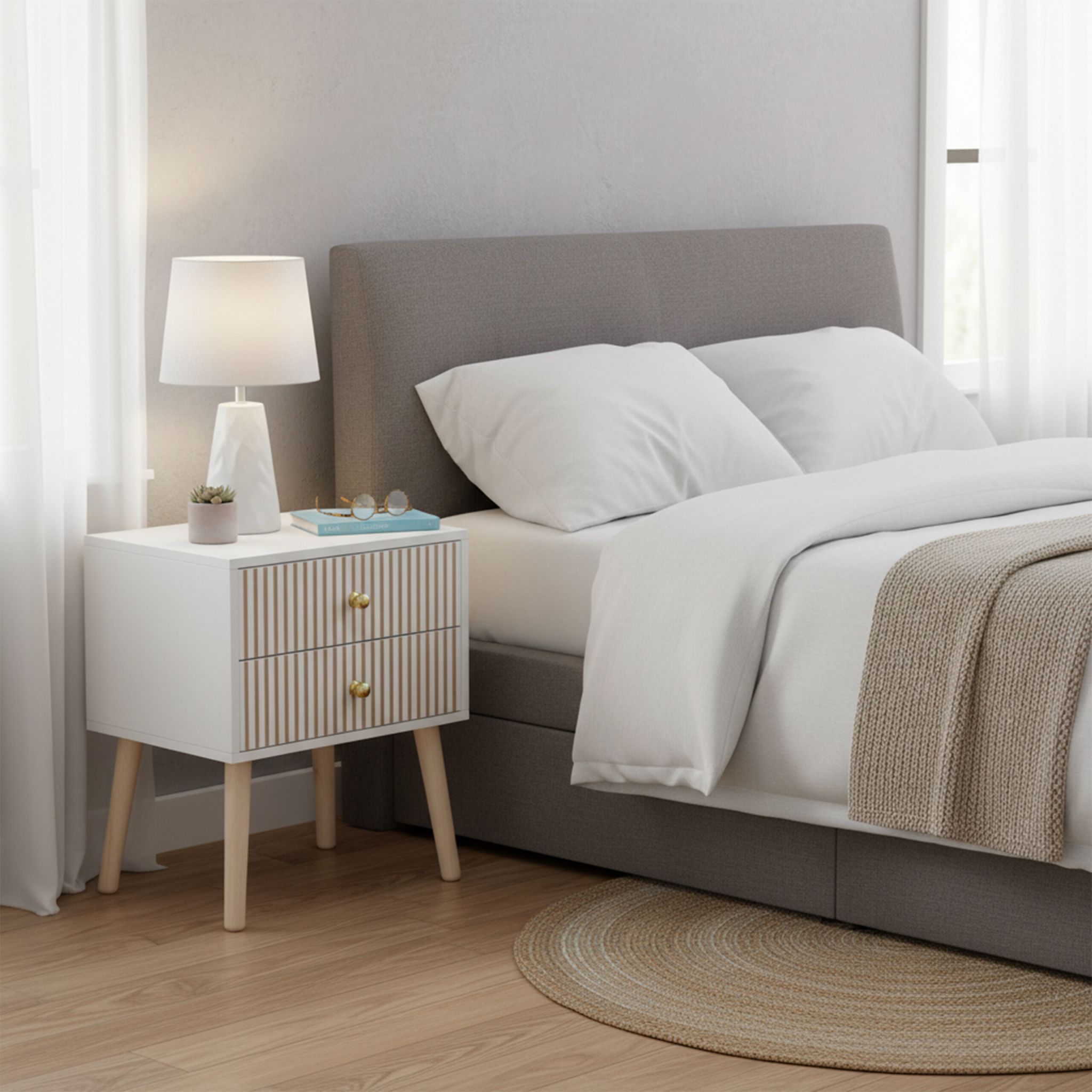 Nachttisch geriffelt 2 Schubladen Weiss-Gold-Hellbraun von Relaxdays