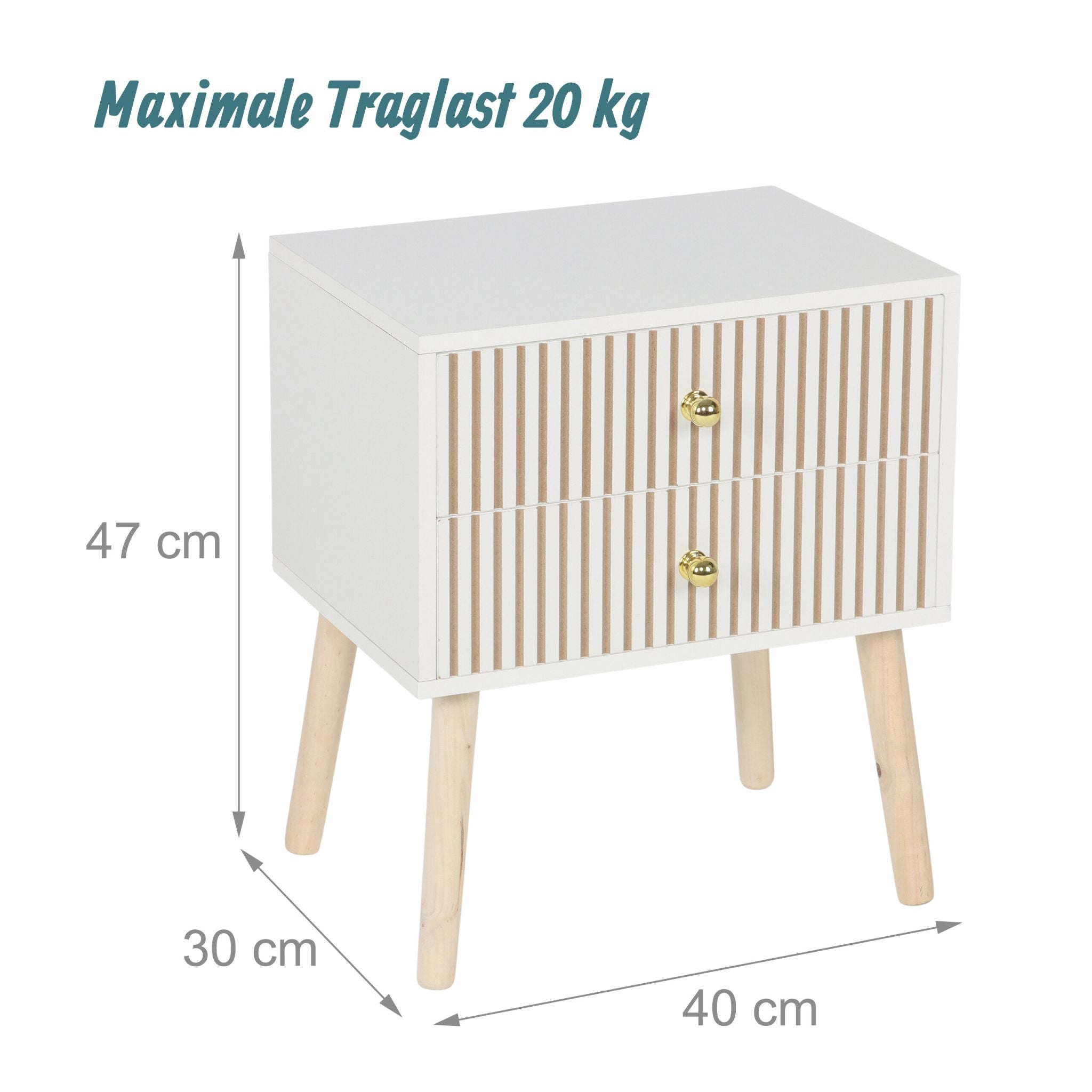 Nachttisch geriffelt 2 Schubladen Weiss-Gold-Hellbraun von Relaxdays