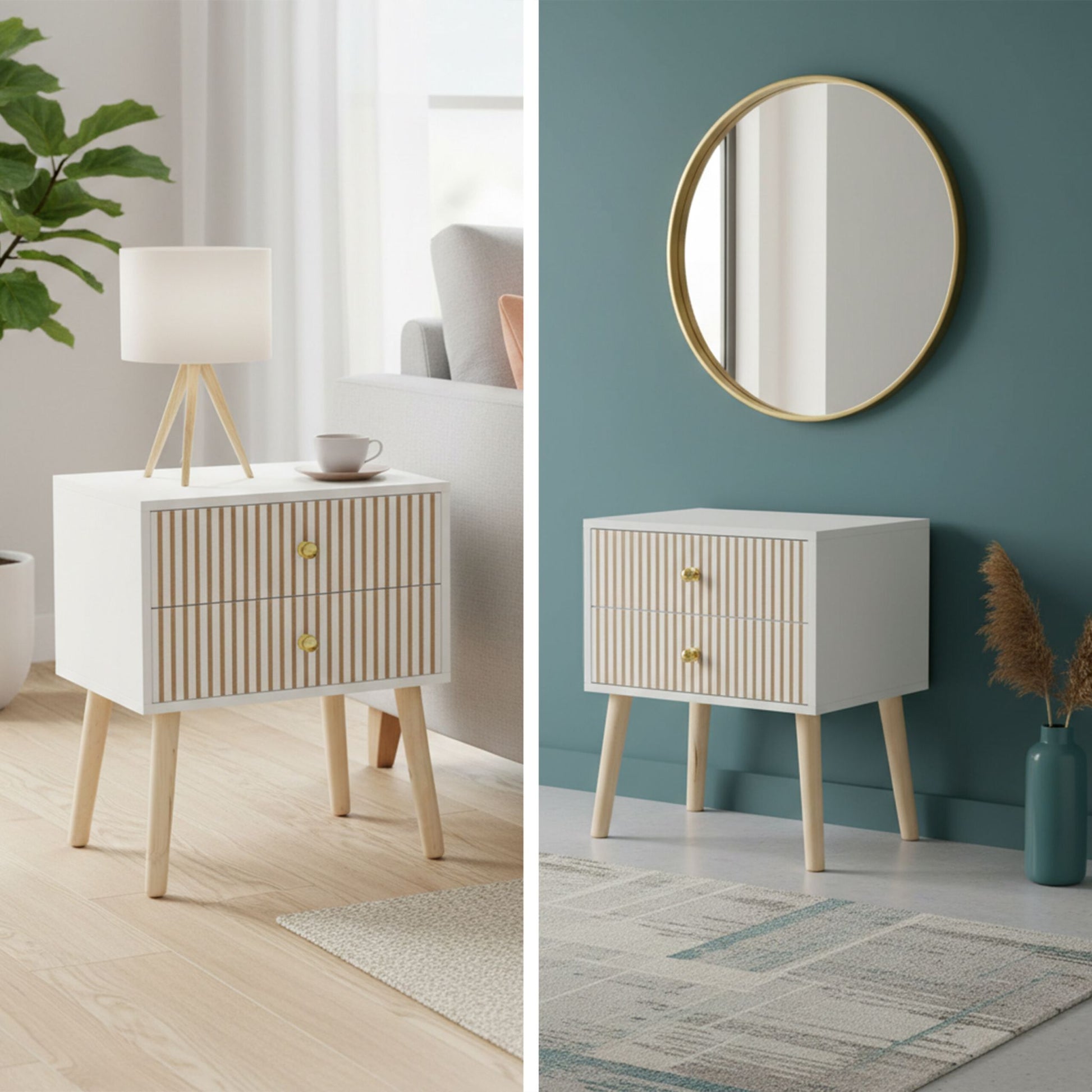 Nachttisch geriffelt 2 Schubladen Weiss-Gold-Hellbraun von Relaxdays
