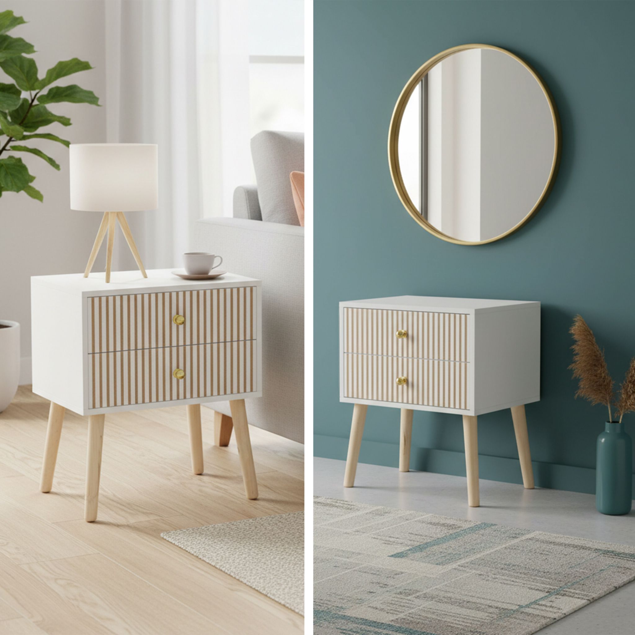 Nachttisch geriffelt 2 Schubladen Weiss-Gold-Hellbraun von Relaxdays