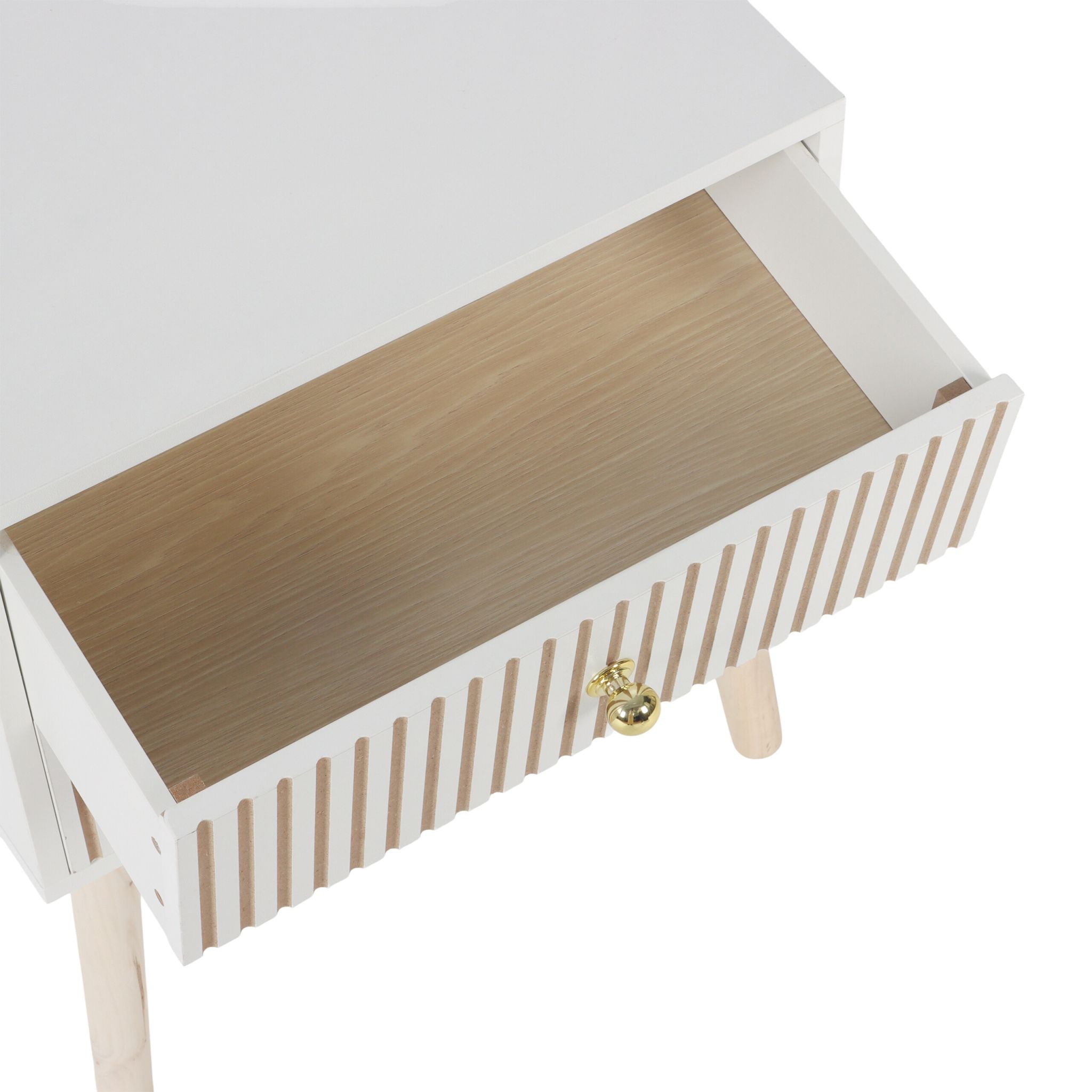 Nachttisch geriffelt 2 Schubladen Weiss-Gold-Hellbraun von Relaxdays
