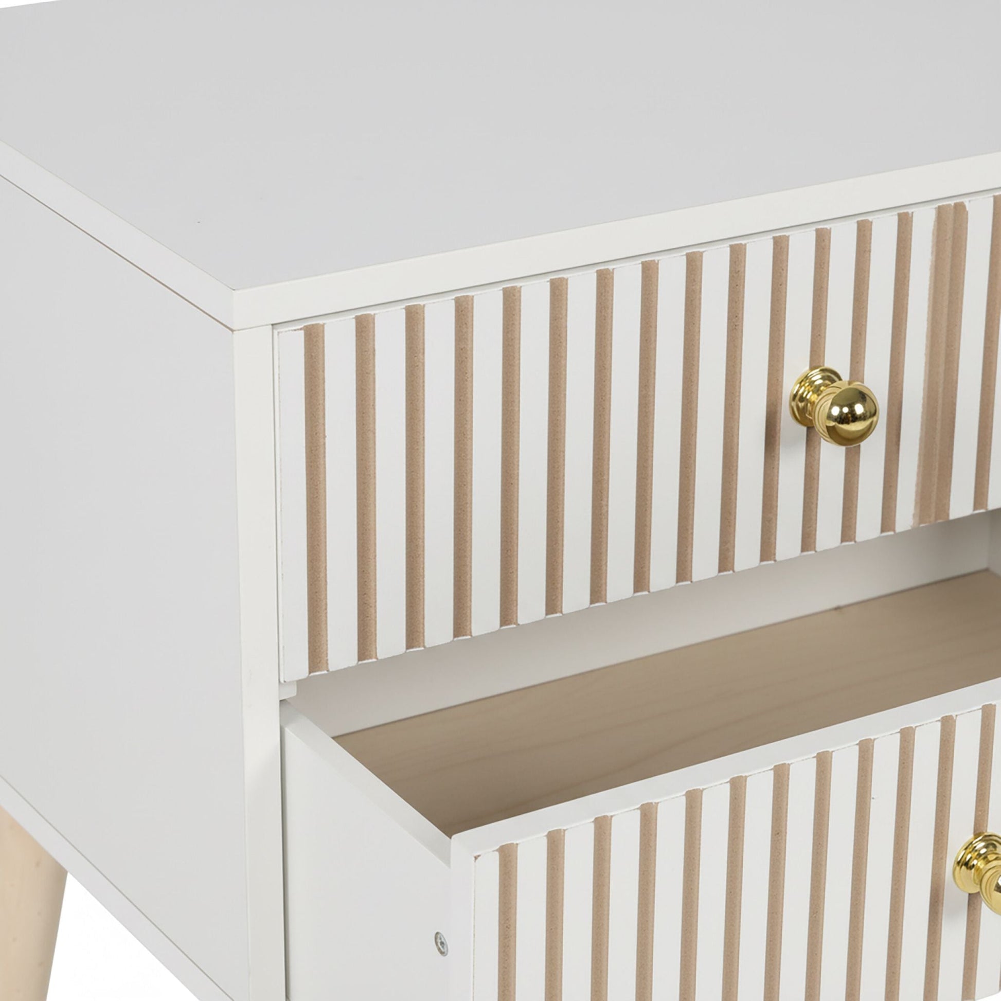 Nachttisch geriffelt 2 Schubladen Weiss-Gold-Hellbraun von Relaxdays