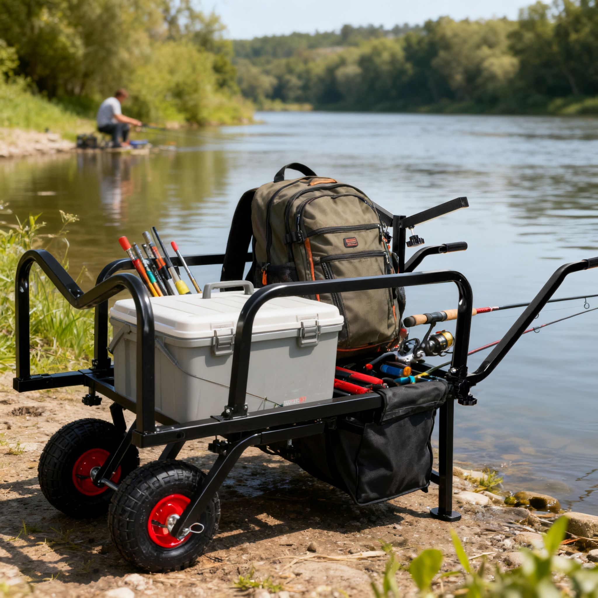 Angelwagen Transportwagen mit Tasche Rot-Schwarz von Relaxdays