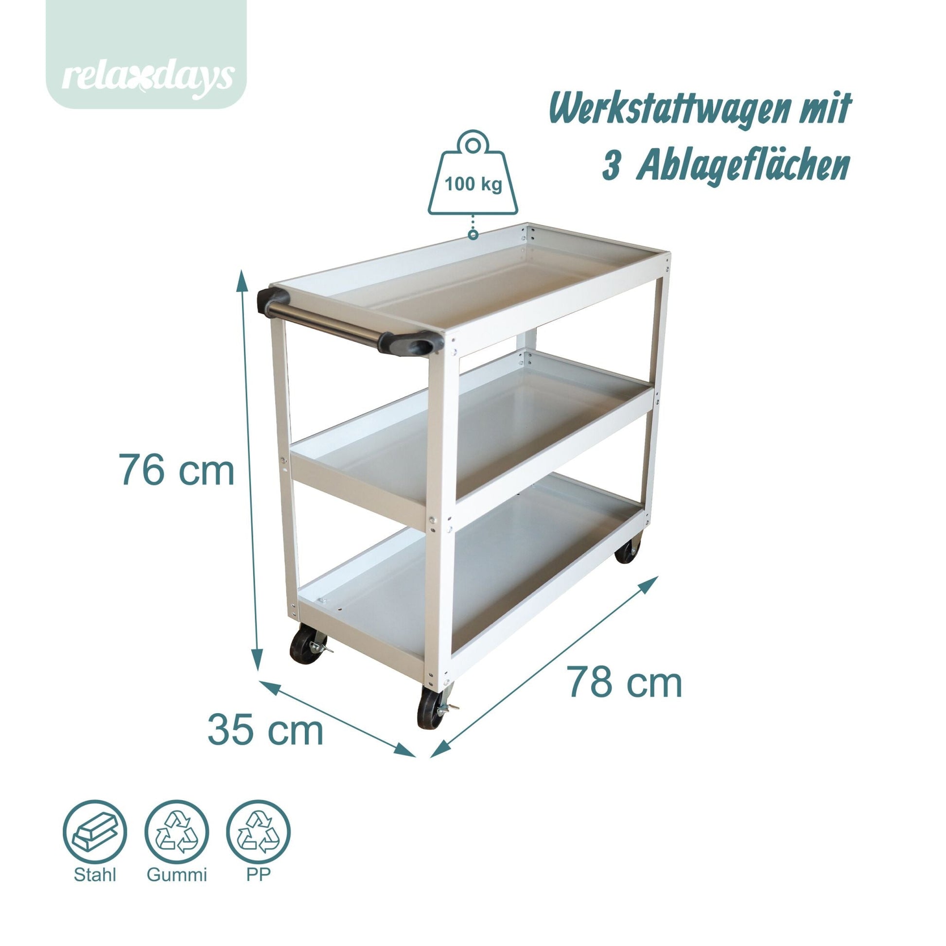 Werkstattwagen mit 3 Ebenen Silber von Relaxdays