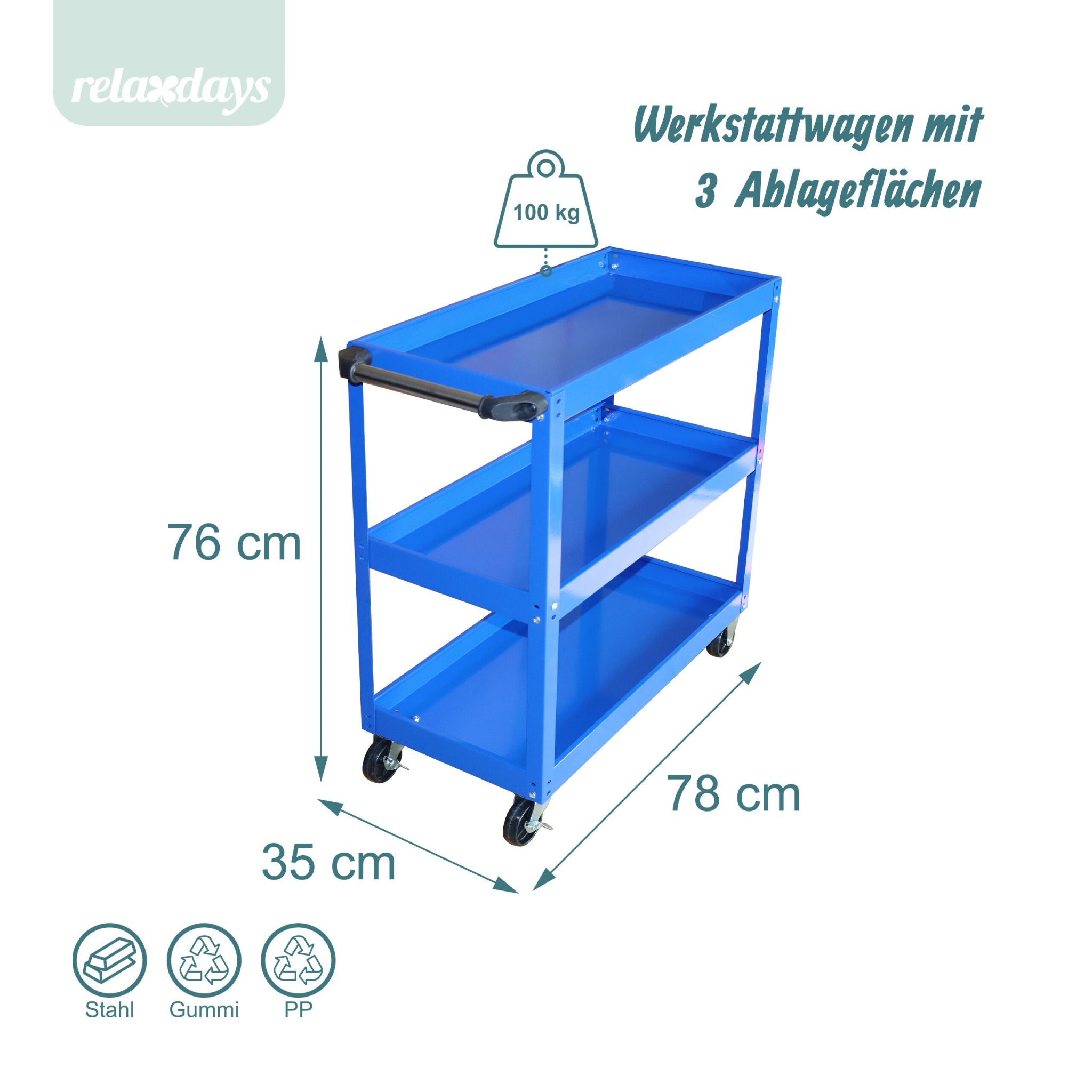 Werkstattwagen mit 3 Ebenen Blau von Relaxdays