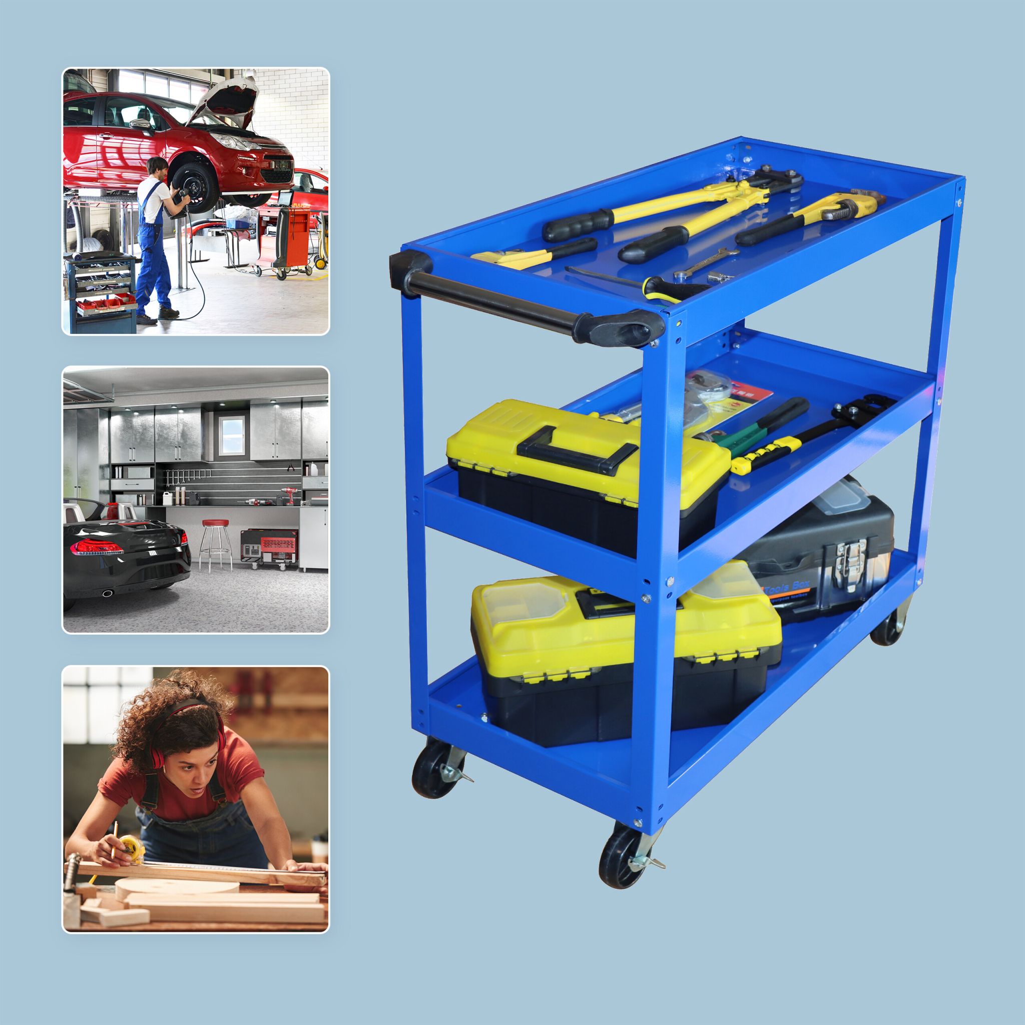 Werkstattwagen mit 3 Ebenen Blau von Relaxdays