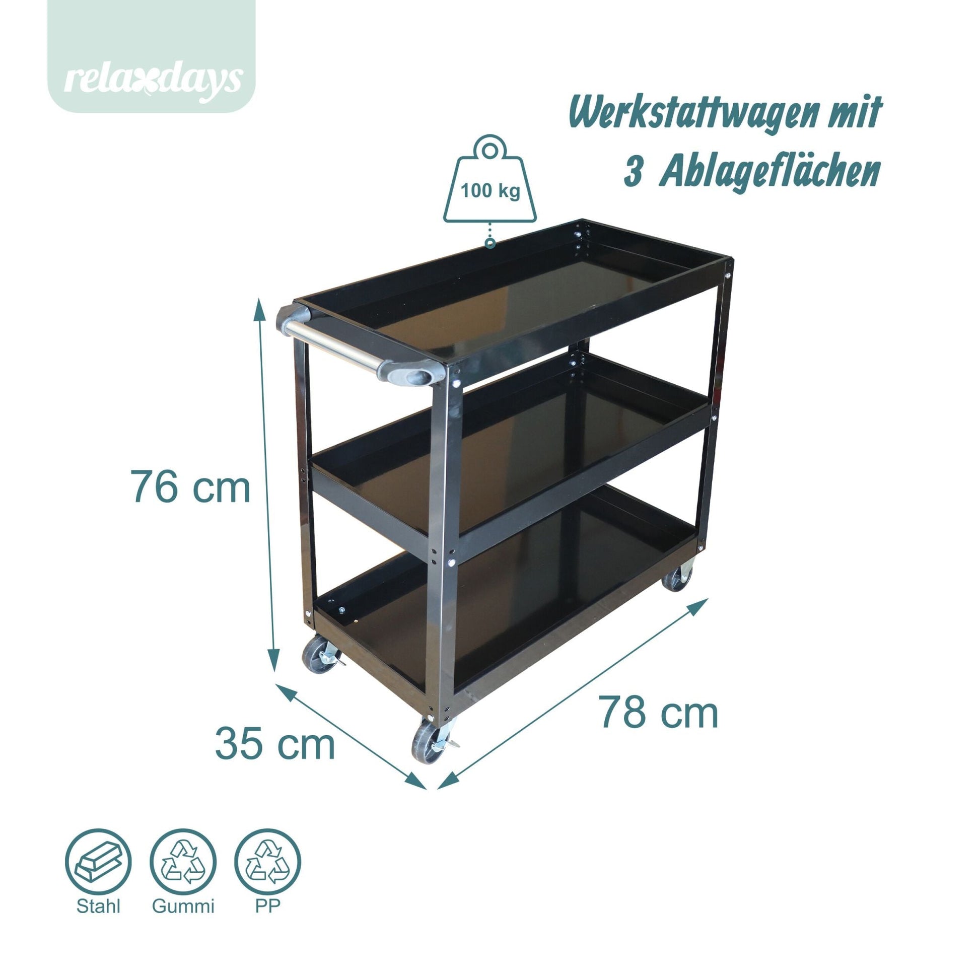 Werkstattwagen mit 3 Ebenen Schwarz von Relaxdays