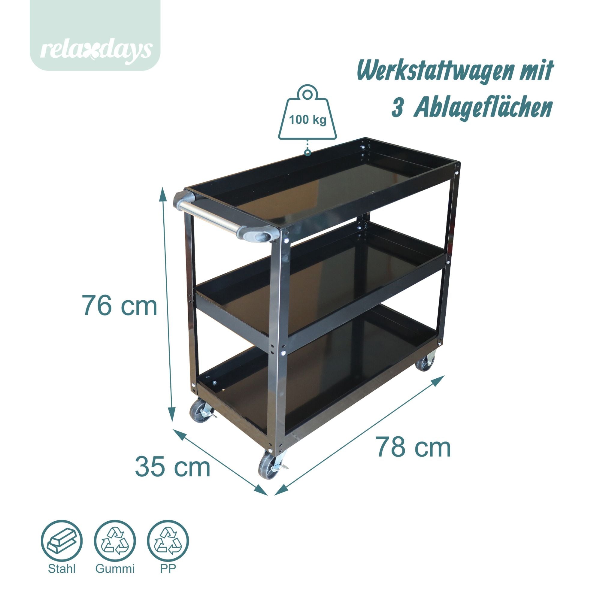 Werkstattwagen mit 3 Ebenen Schwarz von Relaxdays