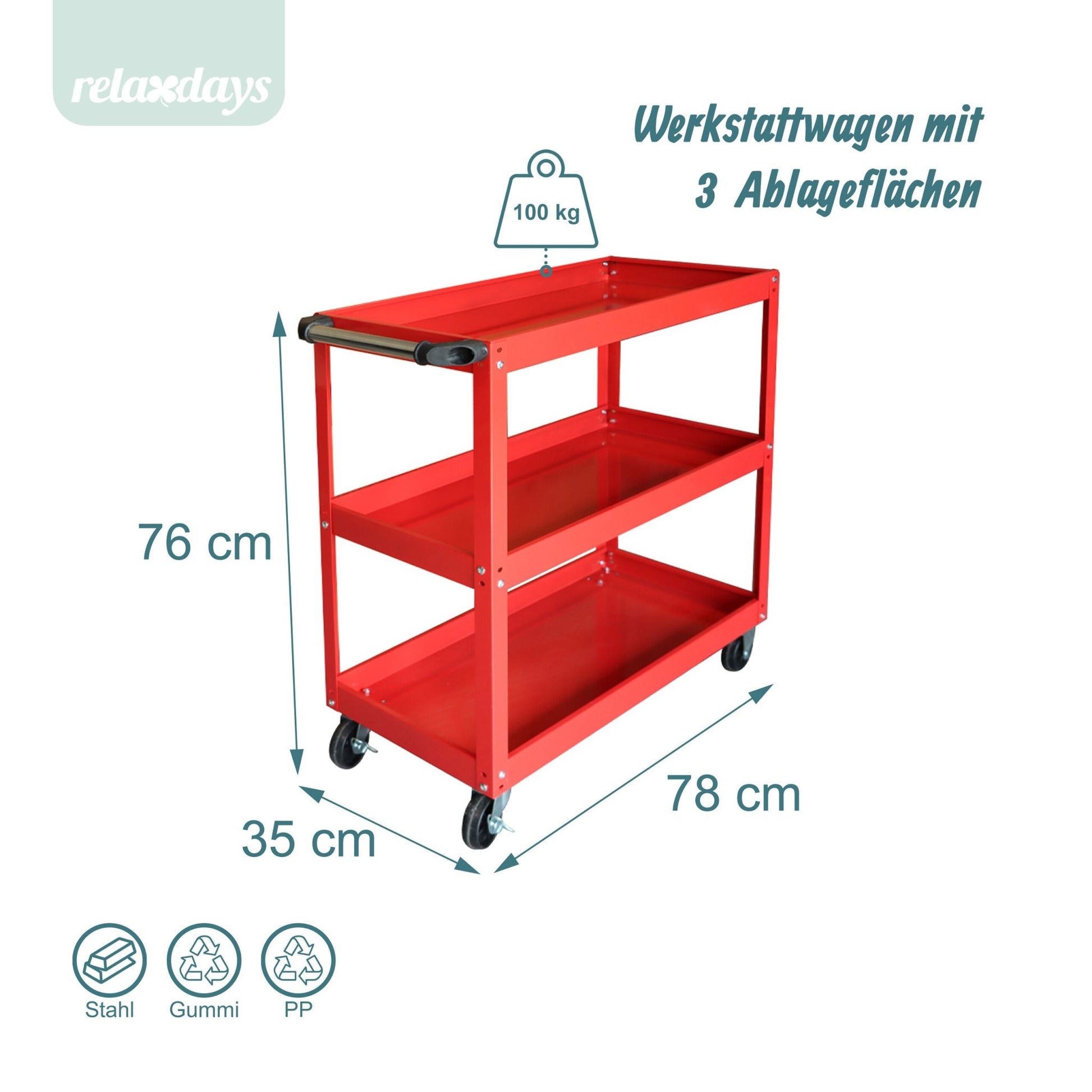 Werkstattwagen mit 3 Ebenen Rot von Relaxdays