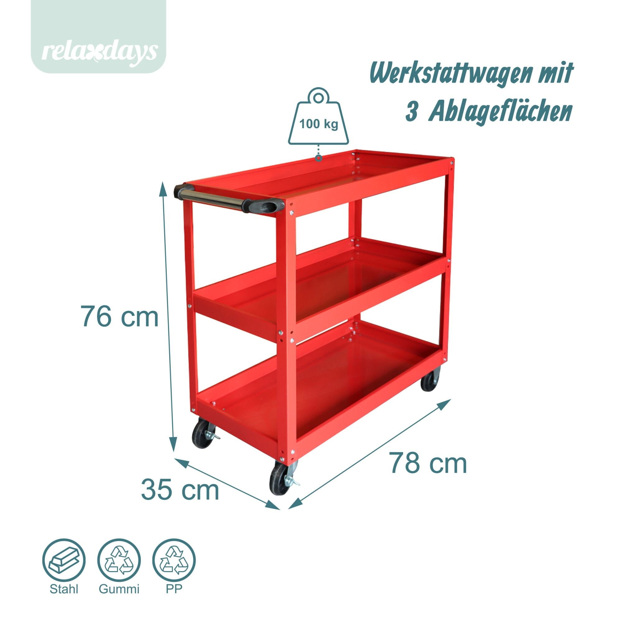 Werkstattwagen mit 3 Ebenen Rot von Relaxdays
