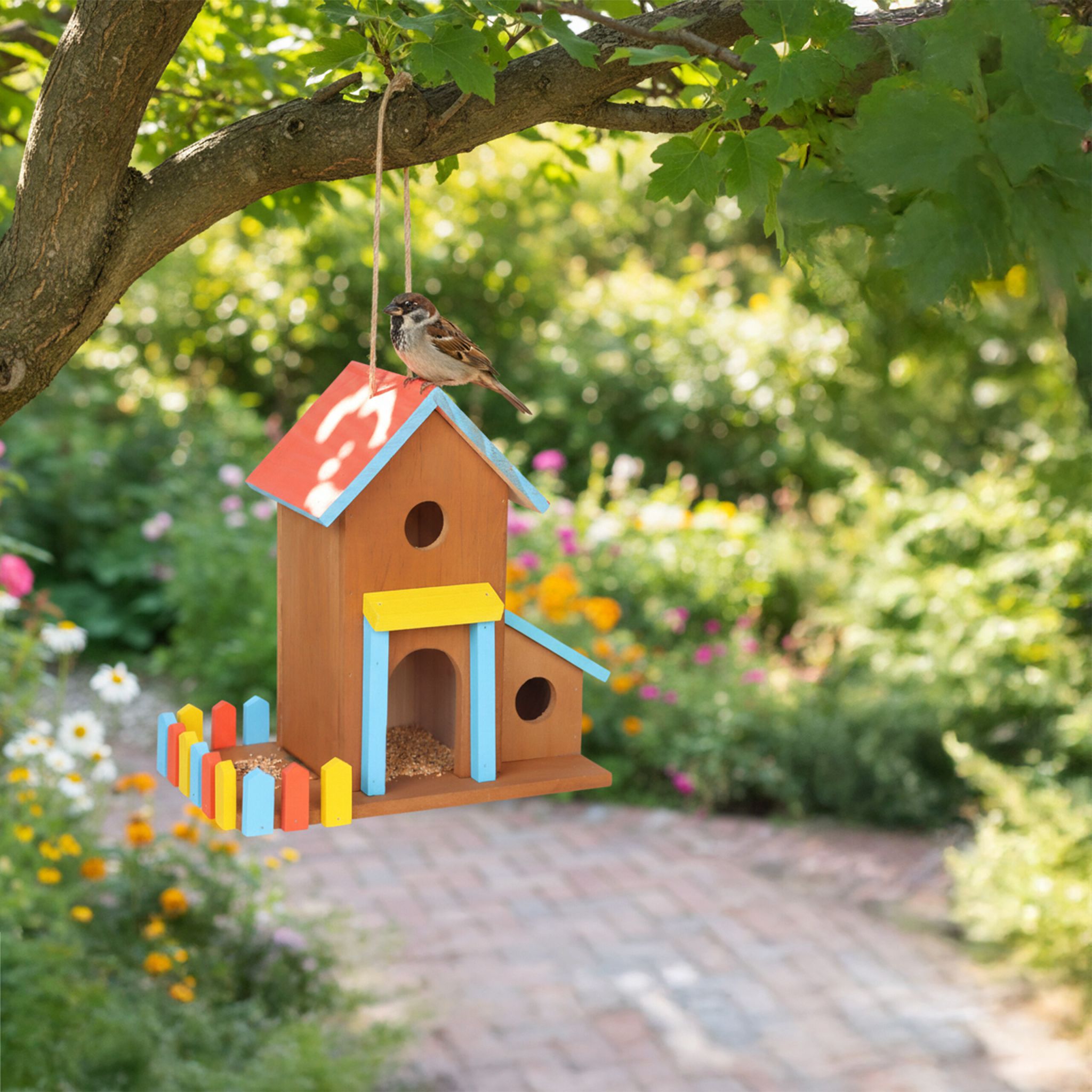 Buntes Vogelhaus zum Aufhängen Gelb-Hellbraun-Rot von Relaxdays