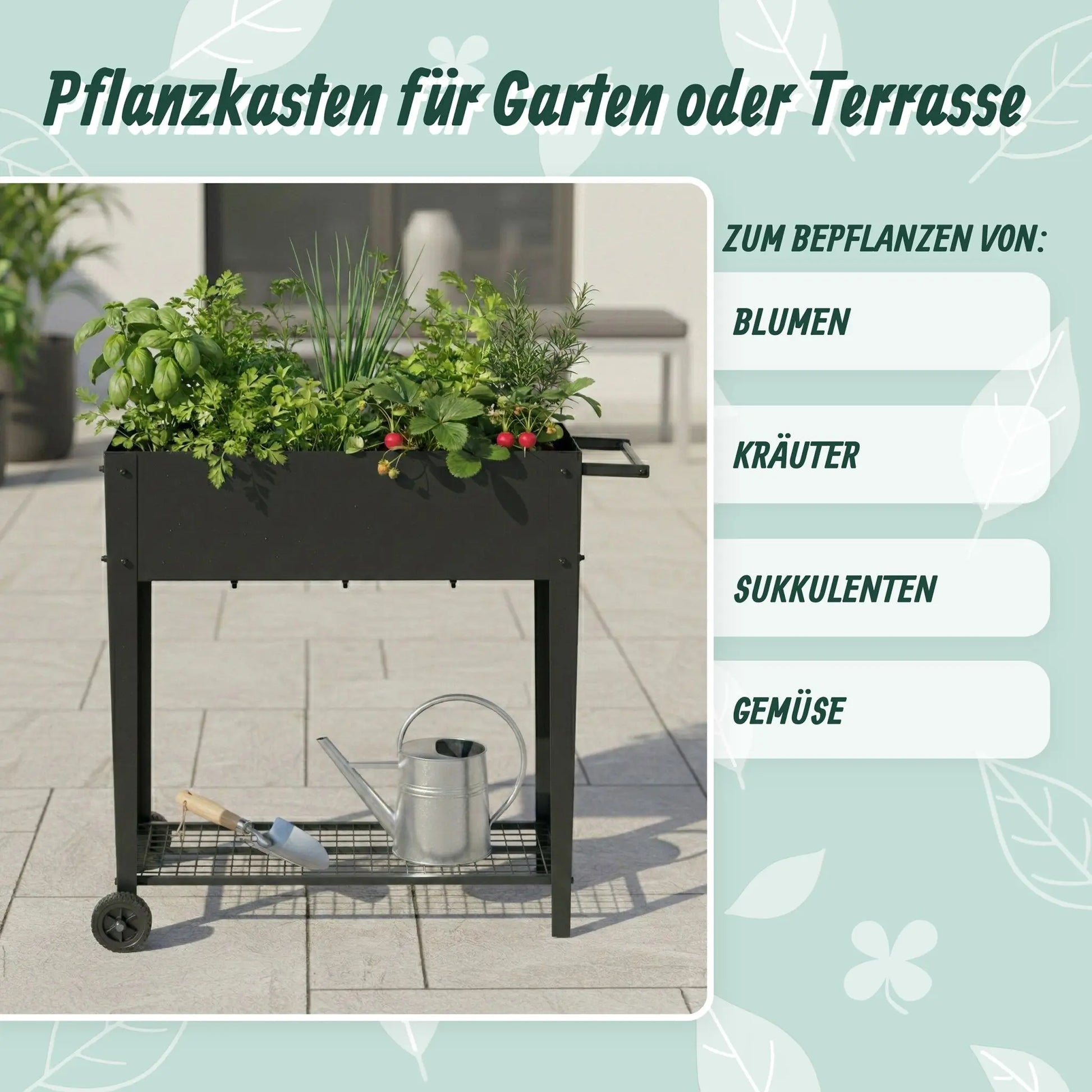 Hochbeet mit Rädern & Gitterablage Schwarz von Relaxdays