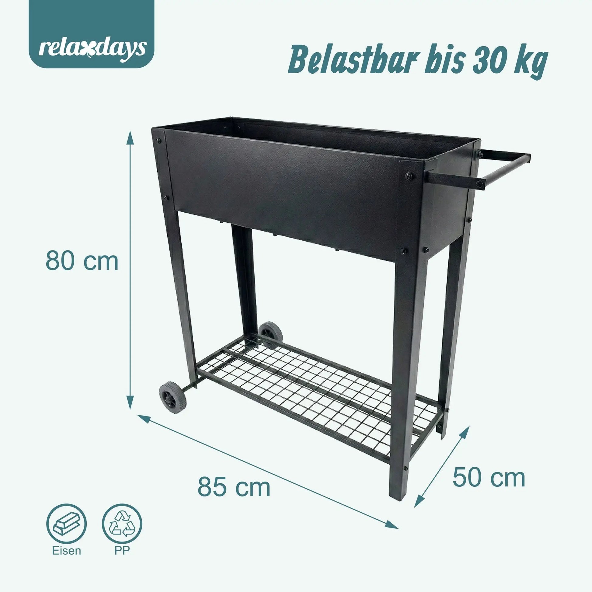 Hochbeet mit Rädern & Gitterablage Schwarz von Relaxdays