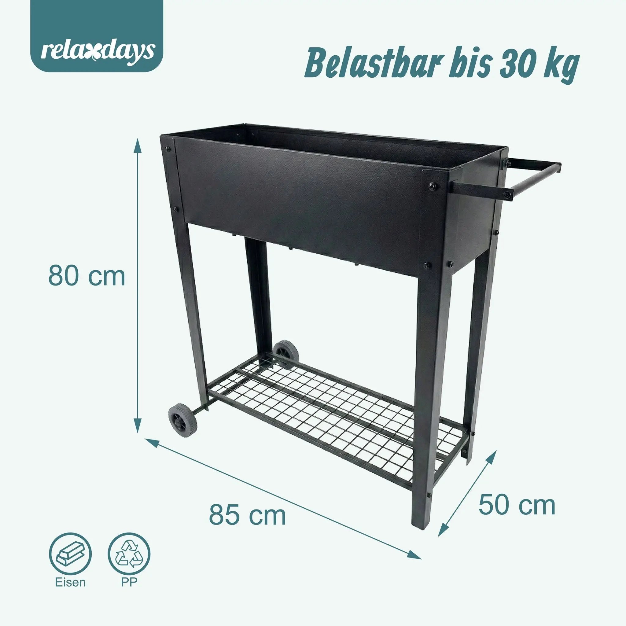 Hochbeet mit Rädern & Gitterablage Schwarz von Relaxdays