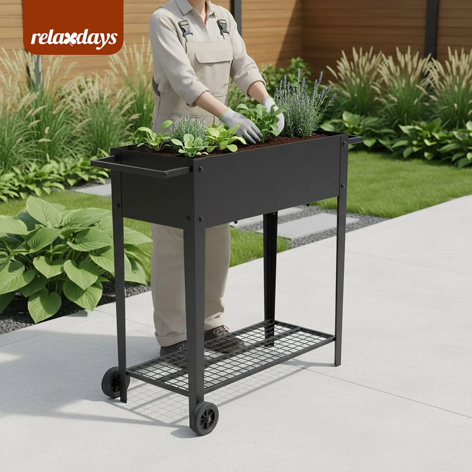 Hochbeet mit Rädern & Gitterablage Schwarz von Relaxdays
