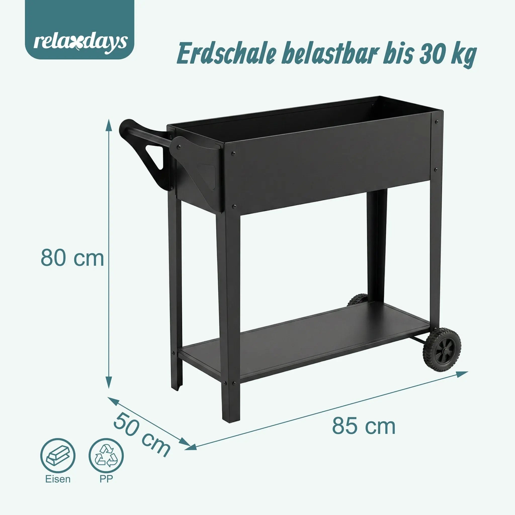 Hochbeet mit 2 Rädern & Ablage Schwarz von Relaxdays