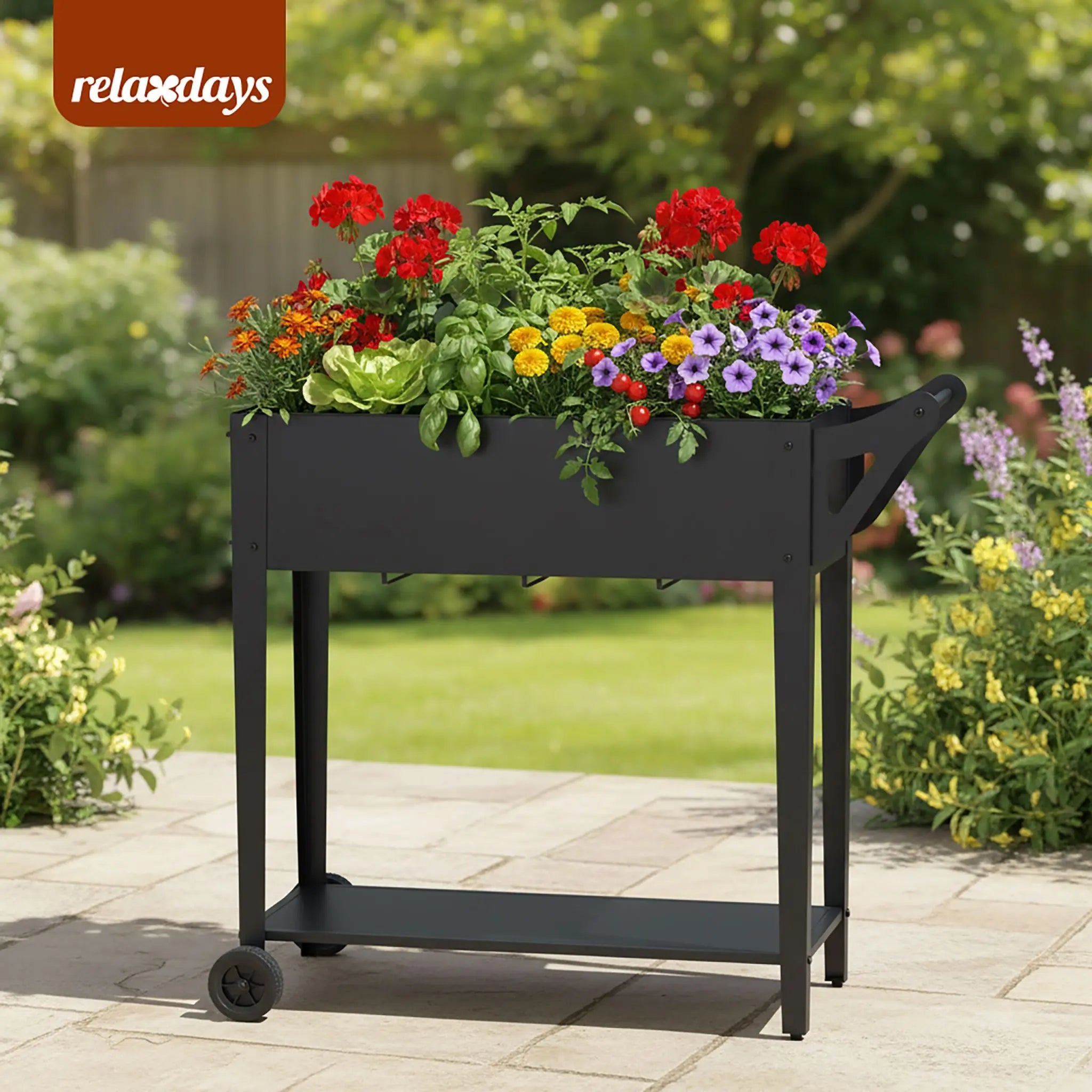 Hochbeet mit 2 Rädern & Ablage Schwarz von Relaxdays