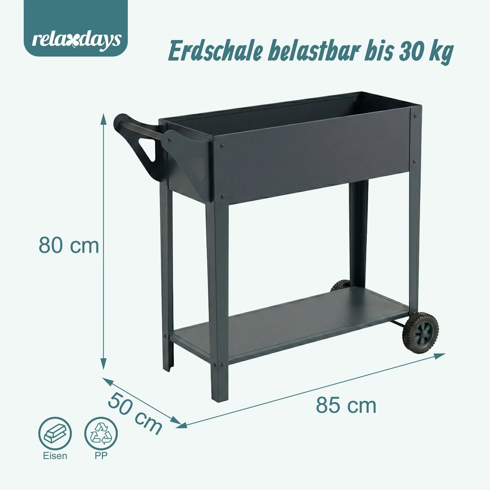 Hochbeet mit 2 Rädern & Ablage Anthrazit von Relaxdays