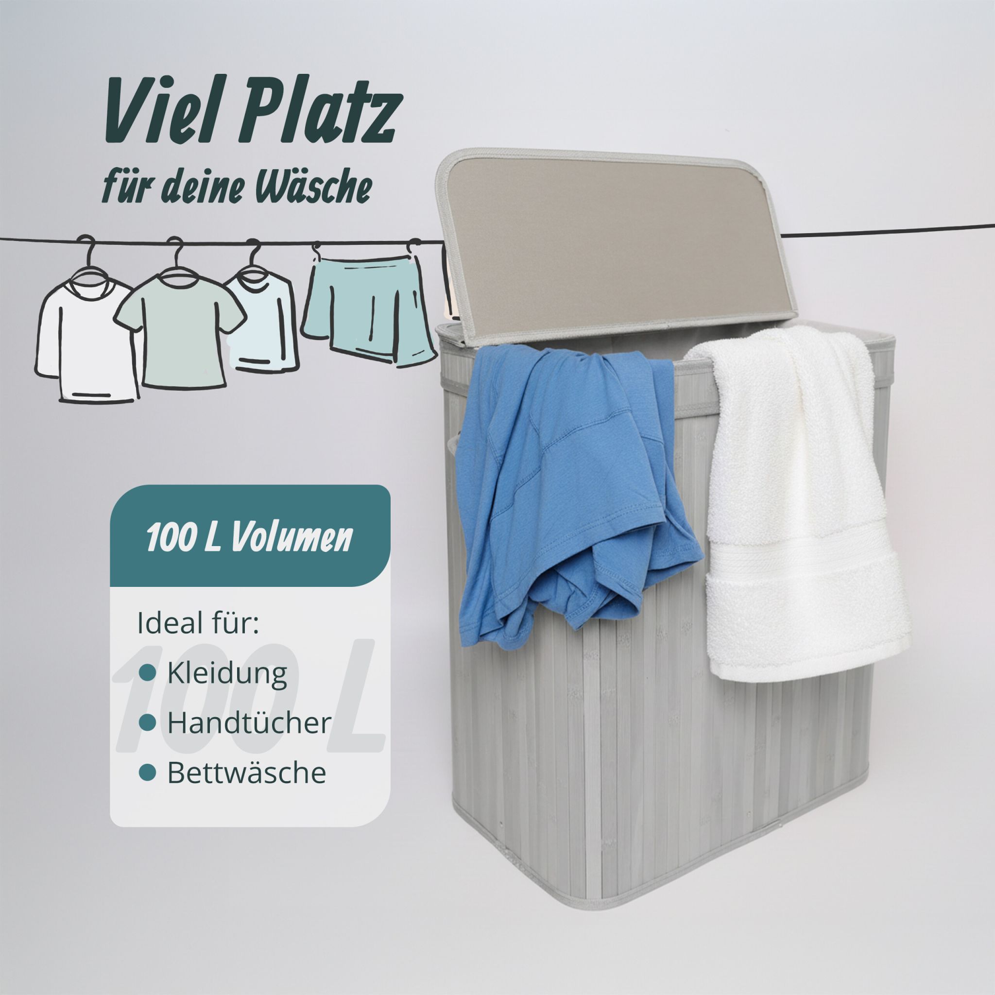 Wäschekorb mit Deckel Bambus Weiss-Grau von Relaxdays