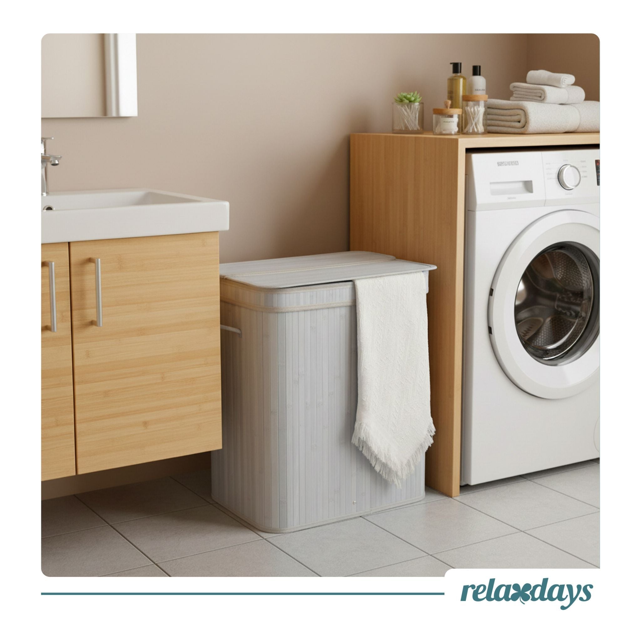 Wäschekorb mit Deckel Bambus Weiss-Grau von Relaxdays