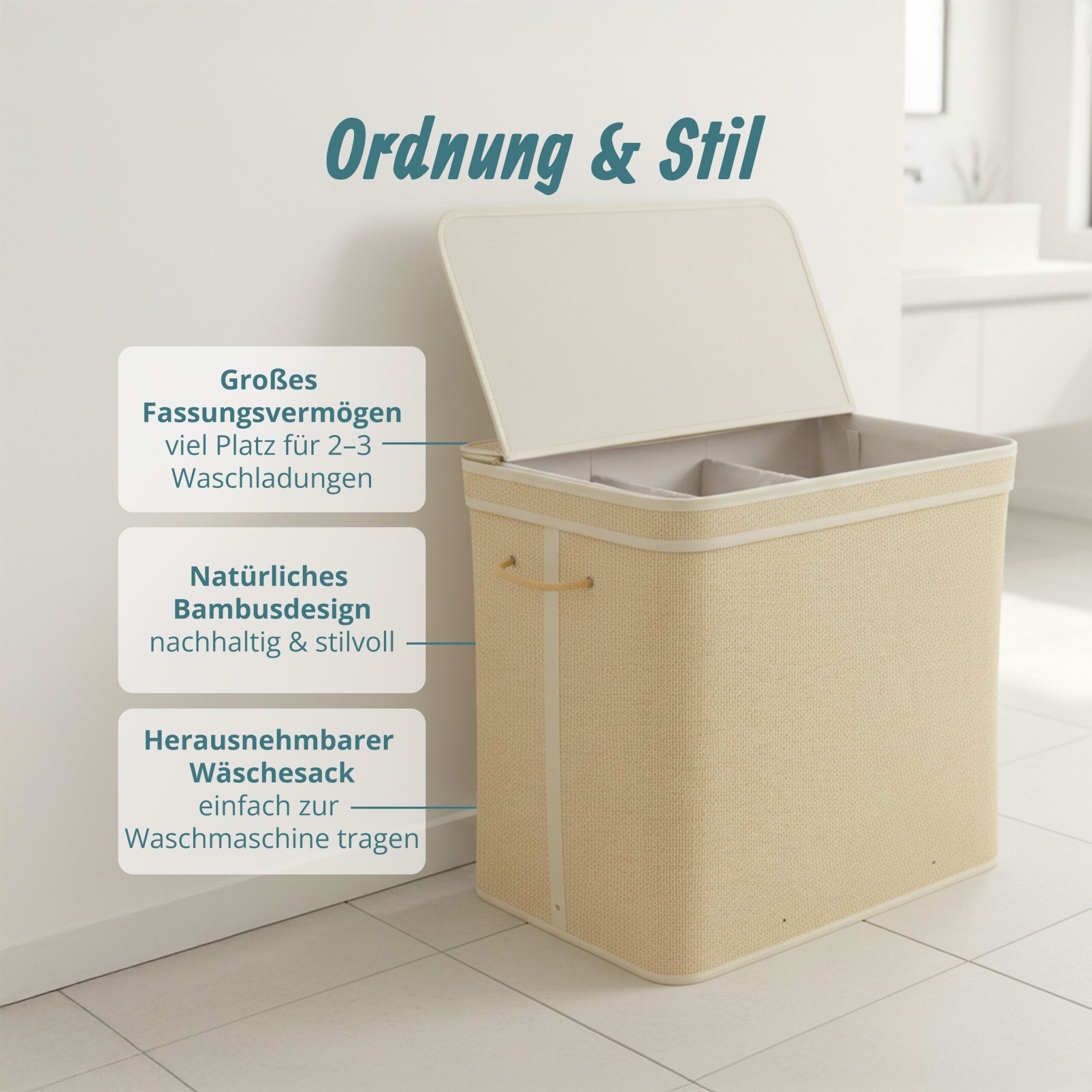 Wäschekorb mit Deckel Bambus Weiss-Hellbraun von Relaxdays