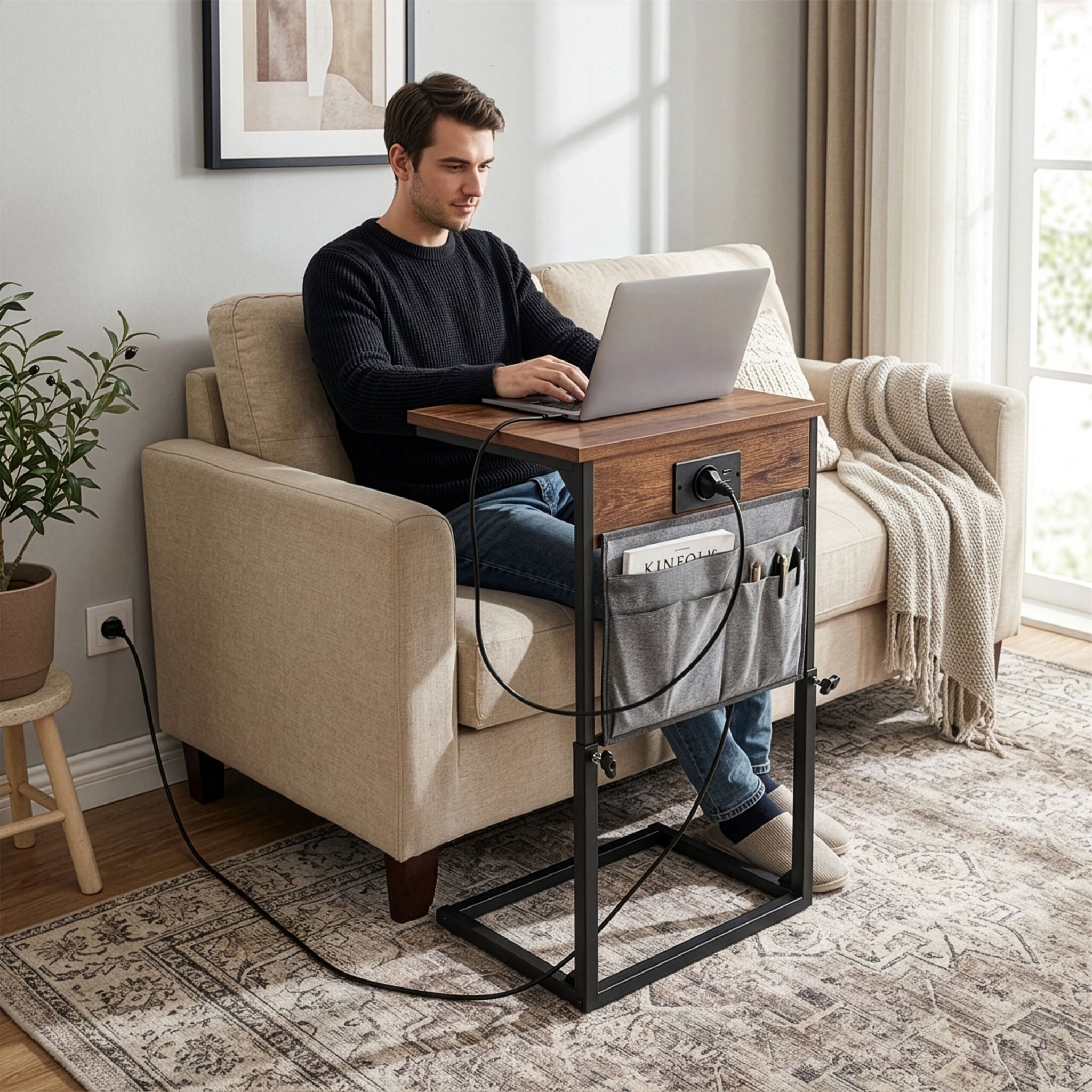 Beistelltisch mit Ladestation Braun-Schwarz-Grau von Relaxdays