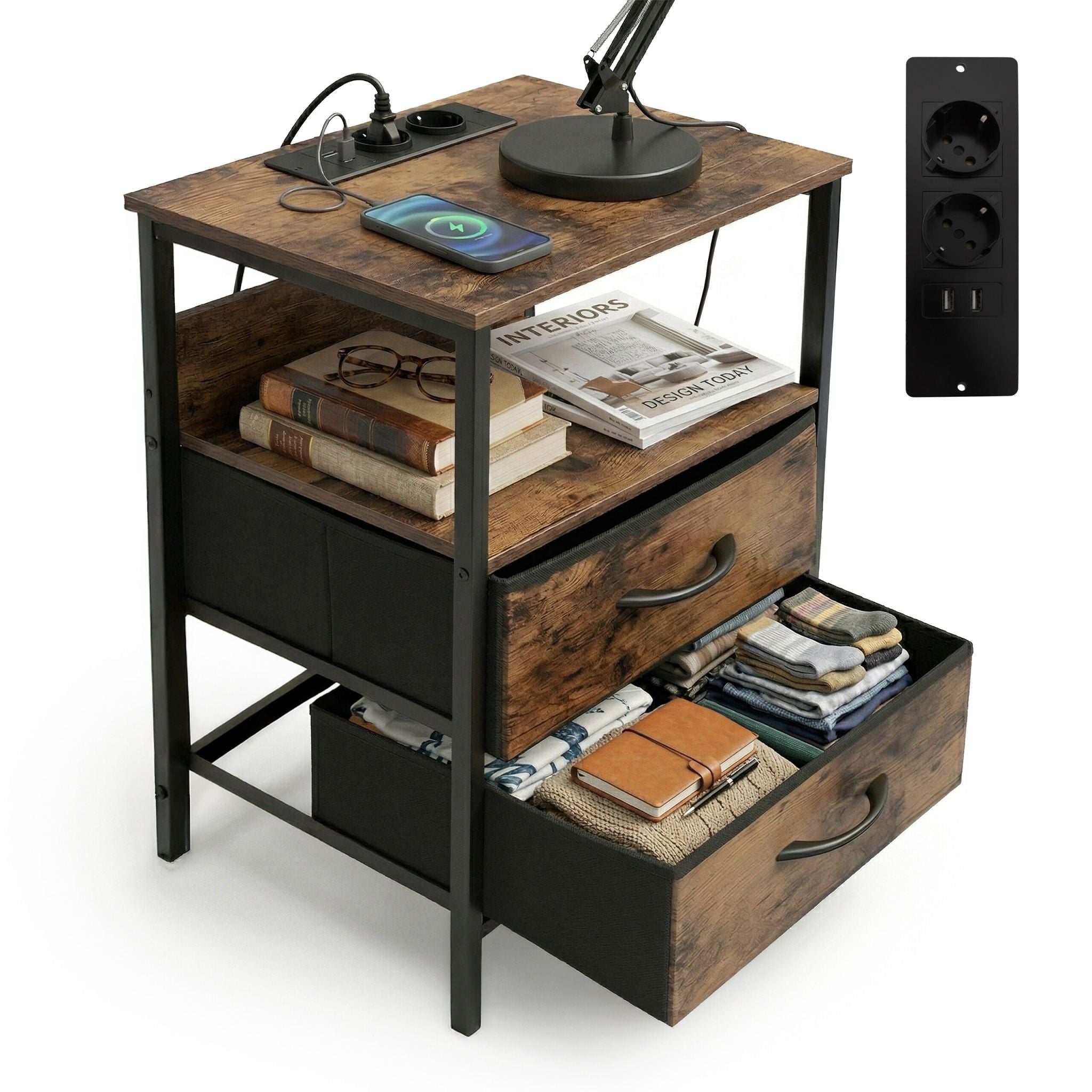 Beistelltisch mit USB-Anschluss Braun-Schwarz von Relaxdays