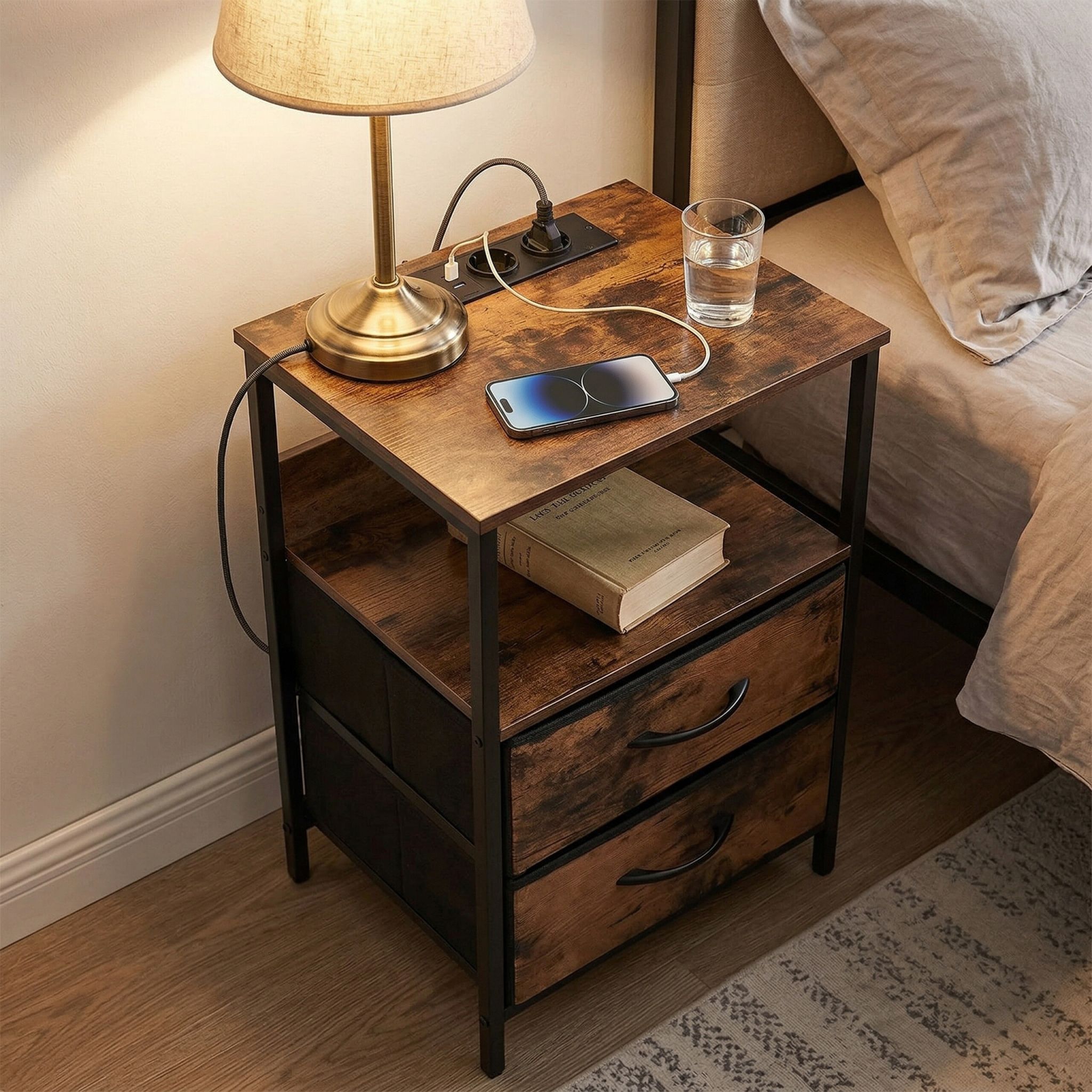 Beistelltisch mit USB-Anschluss Braun-Schwarz von Relaxdays