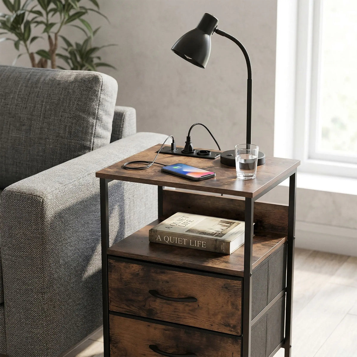 Beistelltisch mit USB-Anschluss Braun-Schwarz von Relaxdays