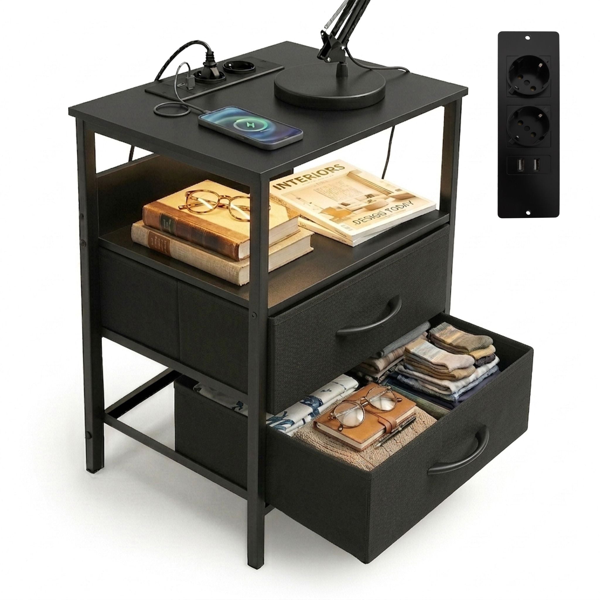 Beistelltisch mit LED & USB-Anschluss Schwarz von Relaxdays