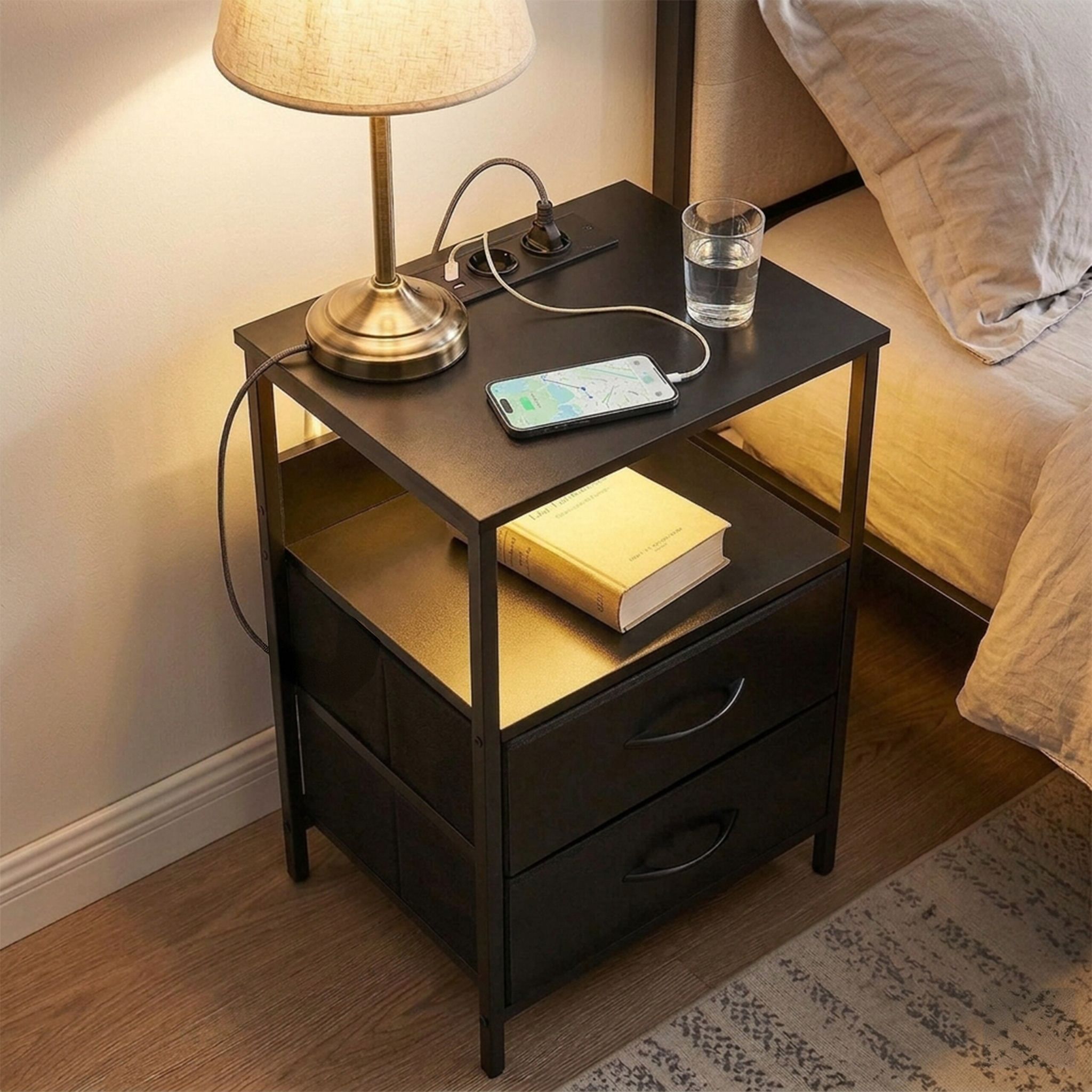Beistelltisch mit LED & USB-Anschluss Schwarz von Relaxdays
