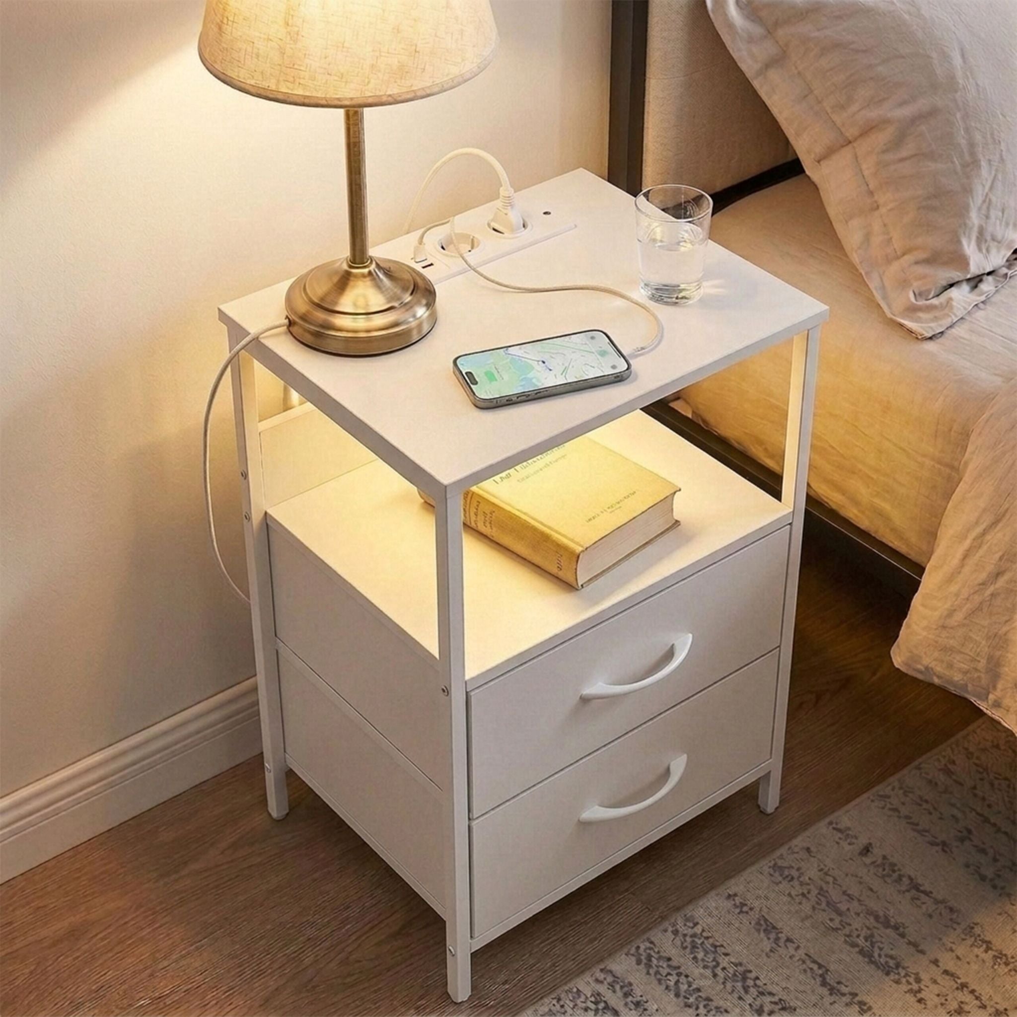 Beistelltisch mit LED & USB-Anschluss Weiss von Relaxdays