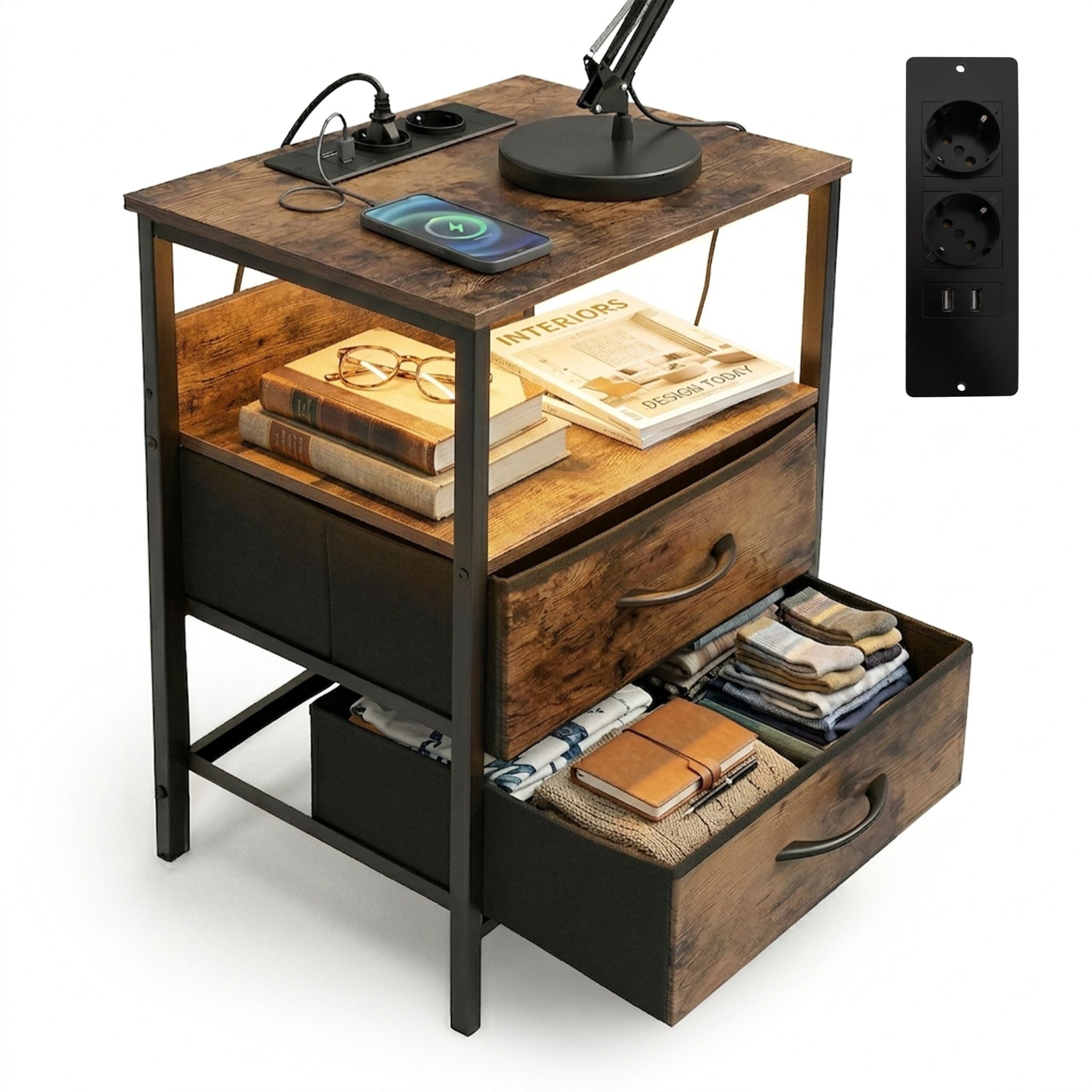 Beistelltisch mit LED & USB-Anschluss Braun-Schwarz von Relaxdays