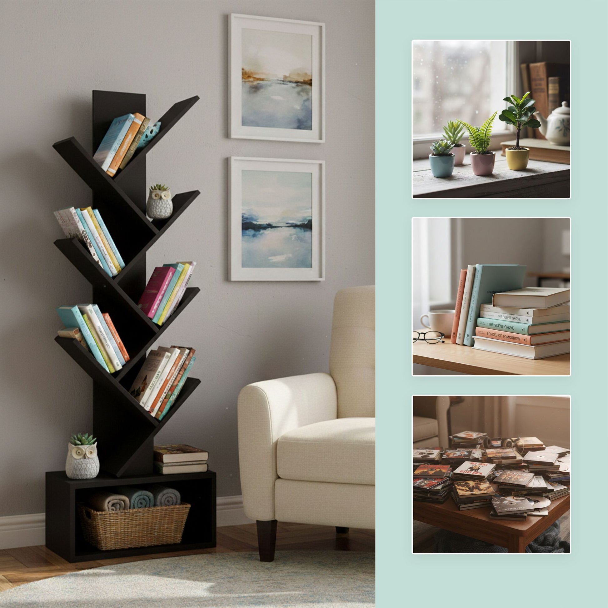 Bücherregal 6 Ebenen Baum-Design Schwarz von Relaxdays