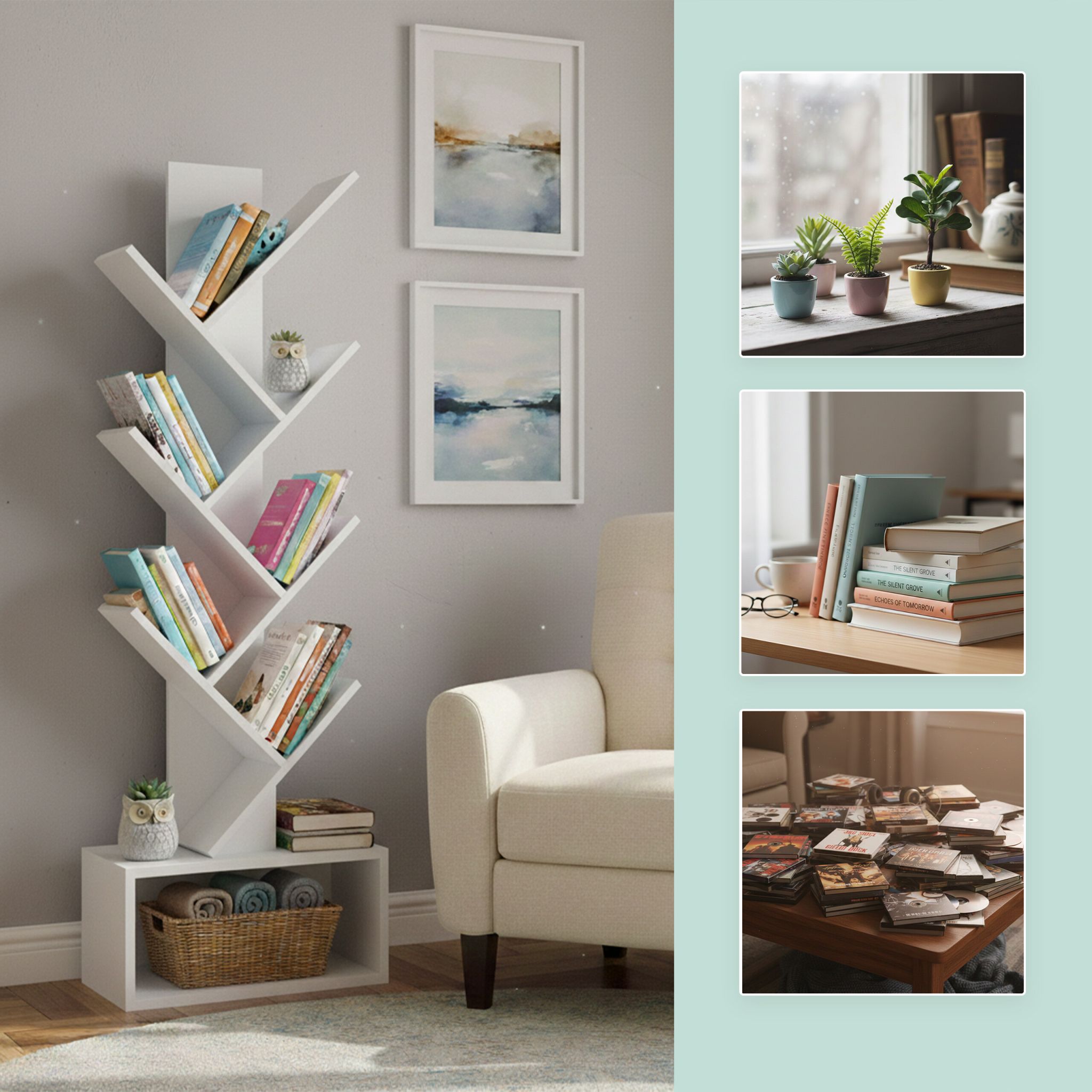 Bücherregal 6 Ebenen Baum-Design Weiss von Relaxdays