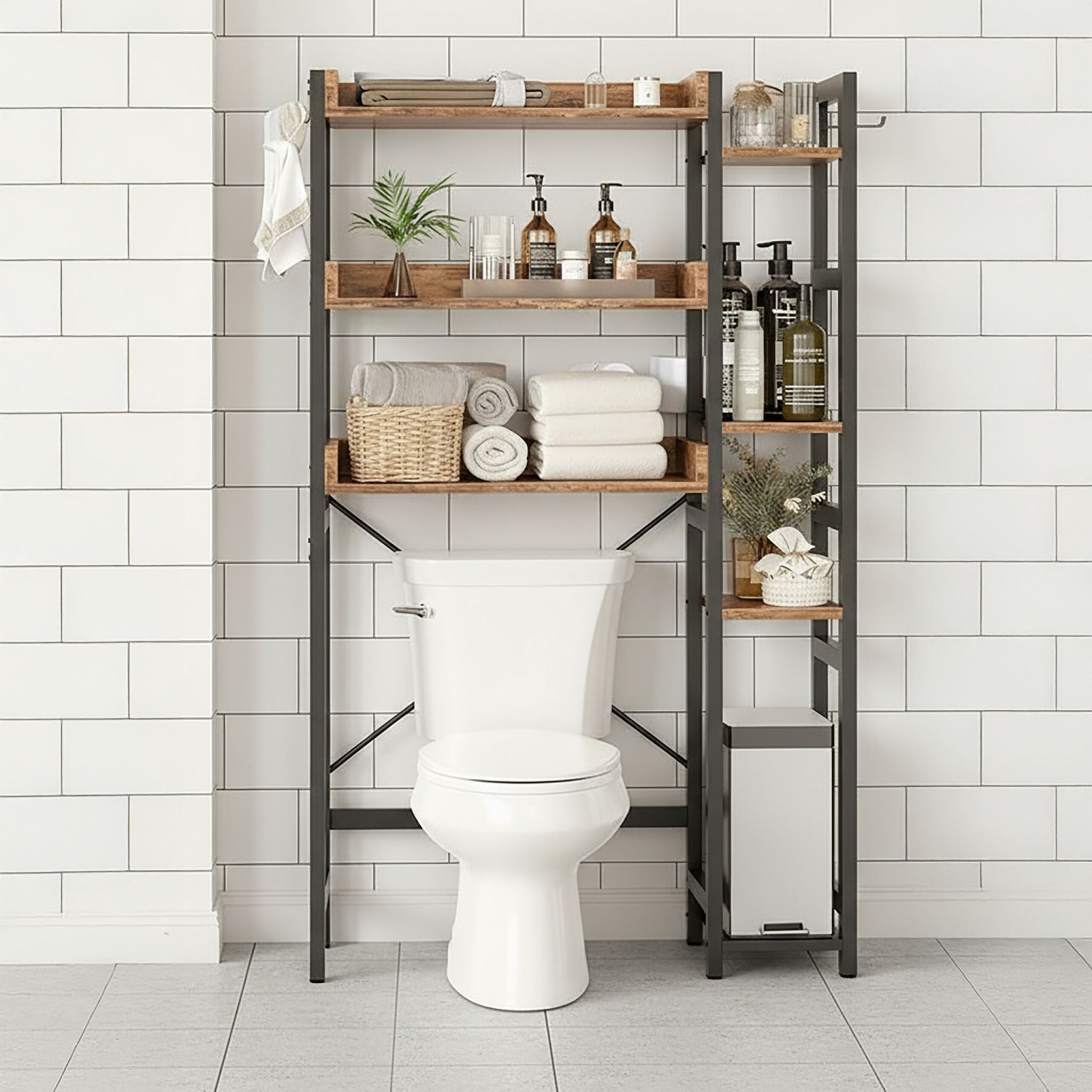 Toilettenregal 3 Ebenen mit Seitenablage Dunkelbraun-Schwarz von Relaxdays
