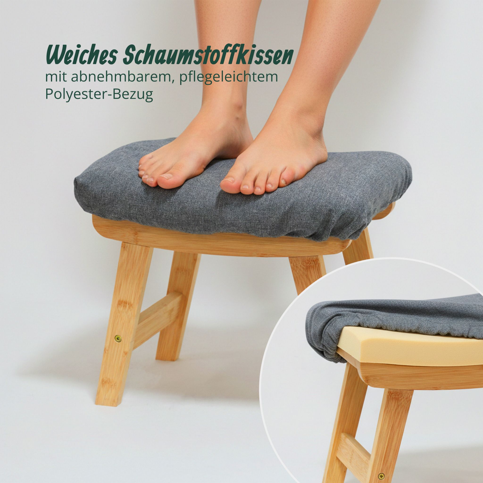 Fusshocker Bambus & Stoff Hellbraun-Grau von Relaxdays