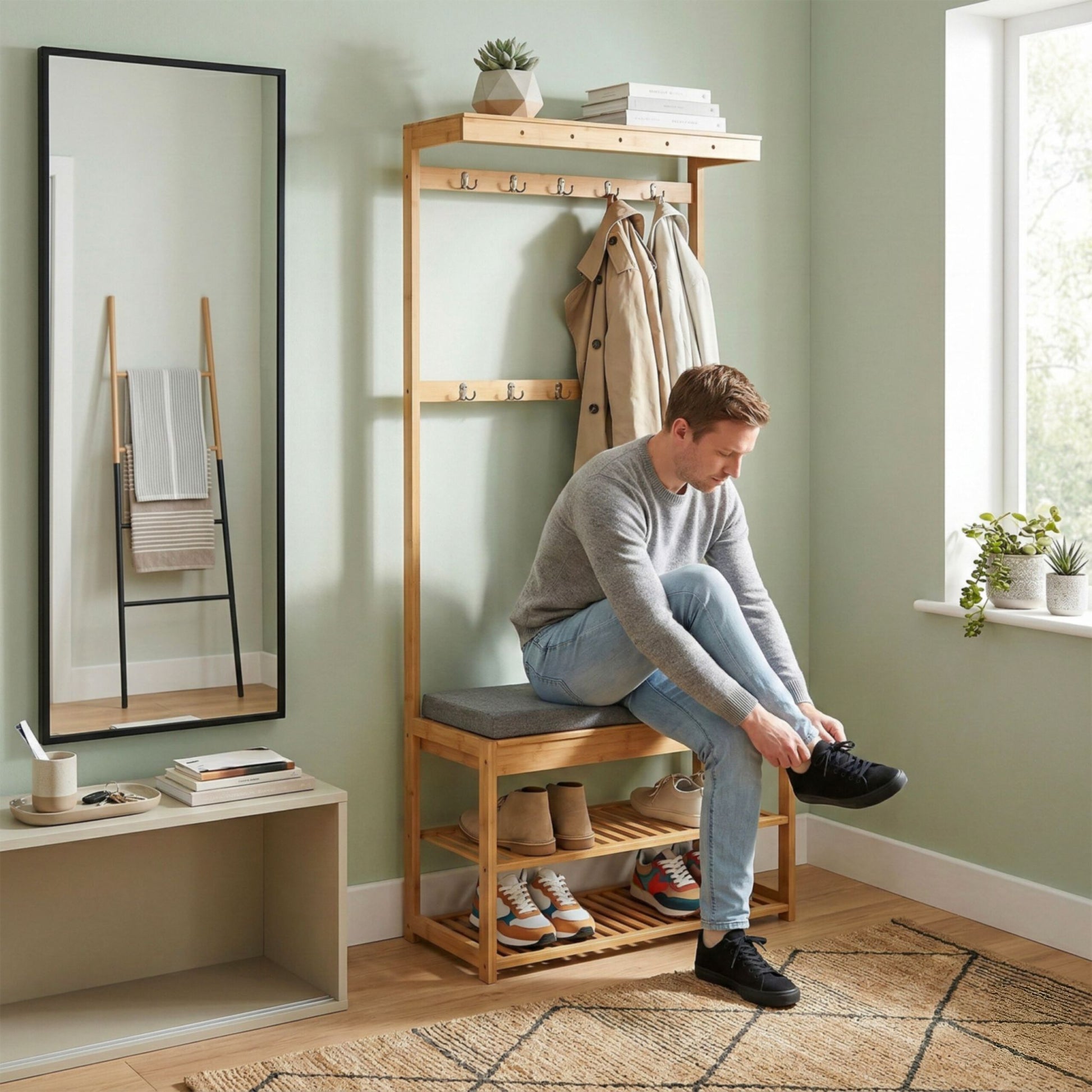 Garderobenständer mit Sitzbank Hellbraun-Grau von Relaxdays