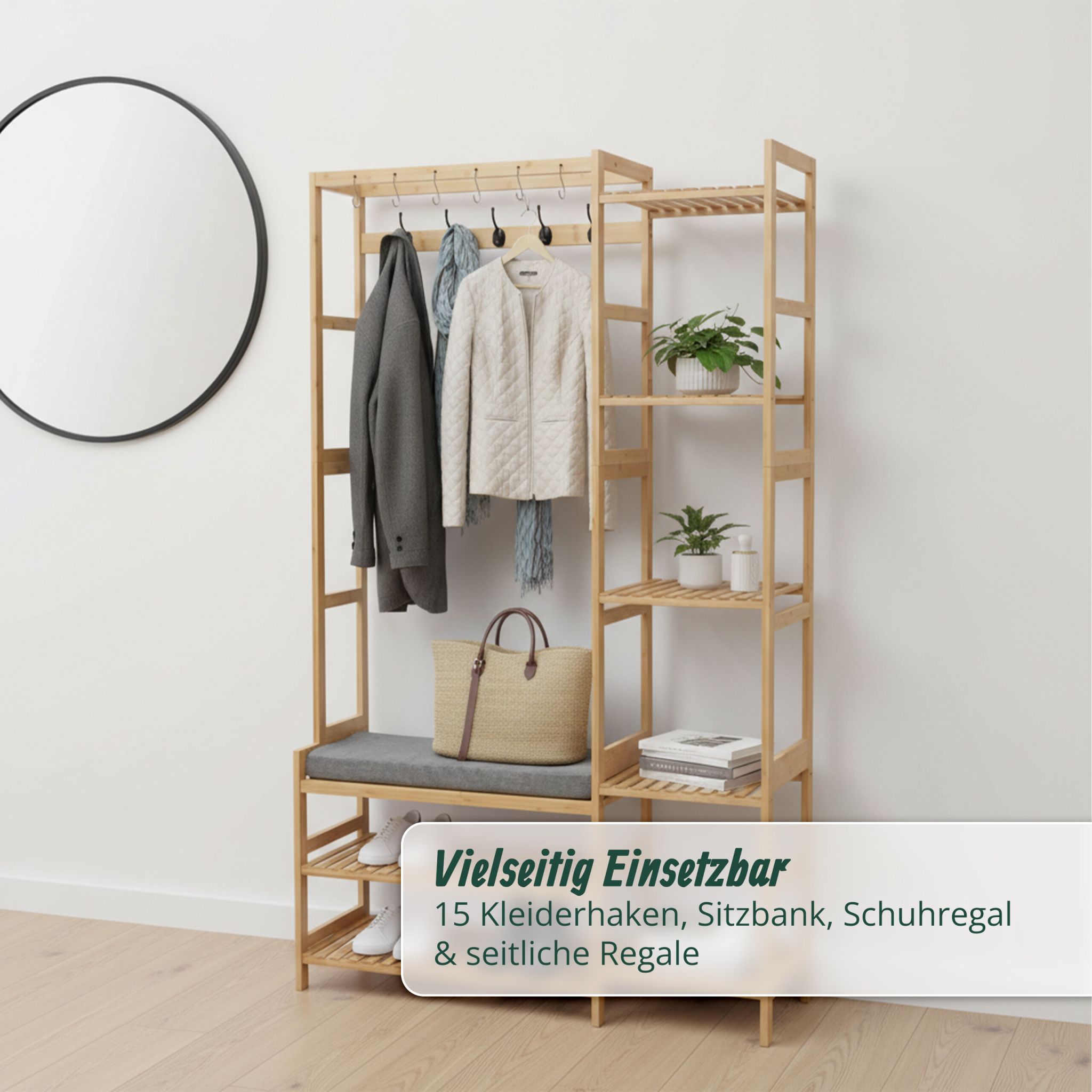 Garderobenständer mit Sitzbank & Haken Hellbraun-Schwarz-Grau von Relaxdays