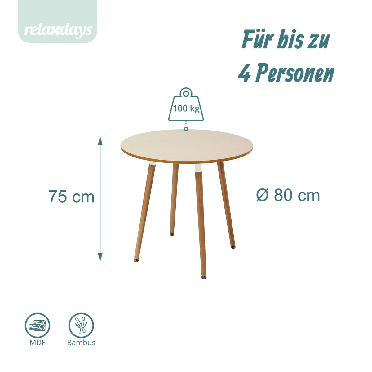 Runder Esstisch mit Bambusbeinen Hellbraun von Relaxdays