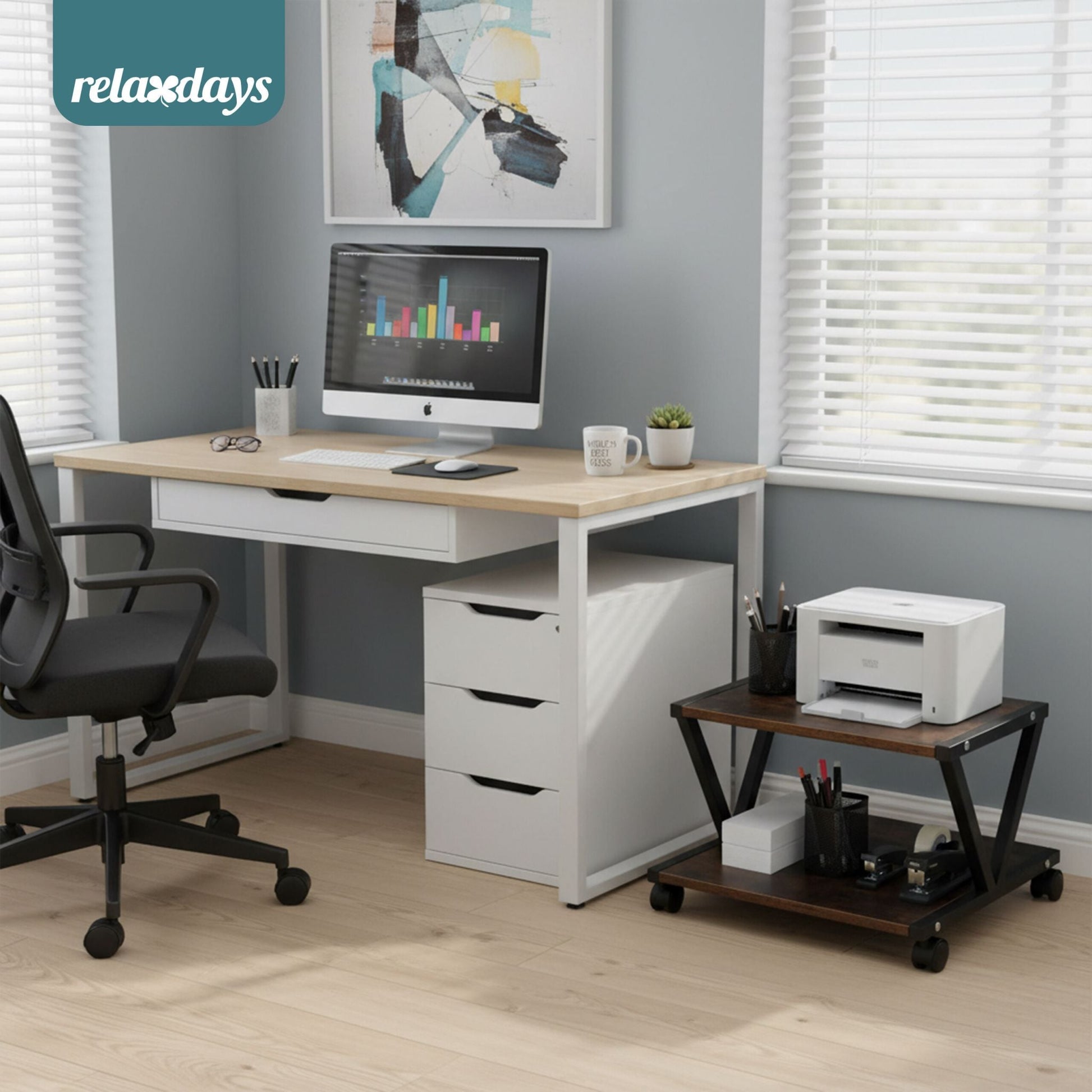 Druckerständer mit Rollen Braun-Schwarz von Relaxdays
