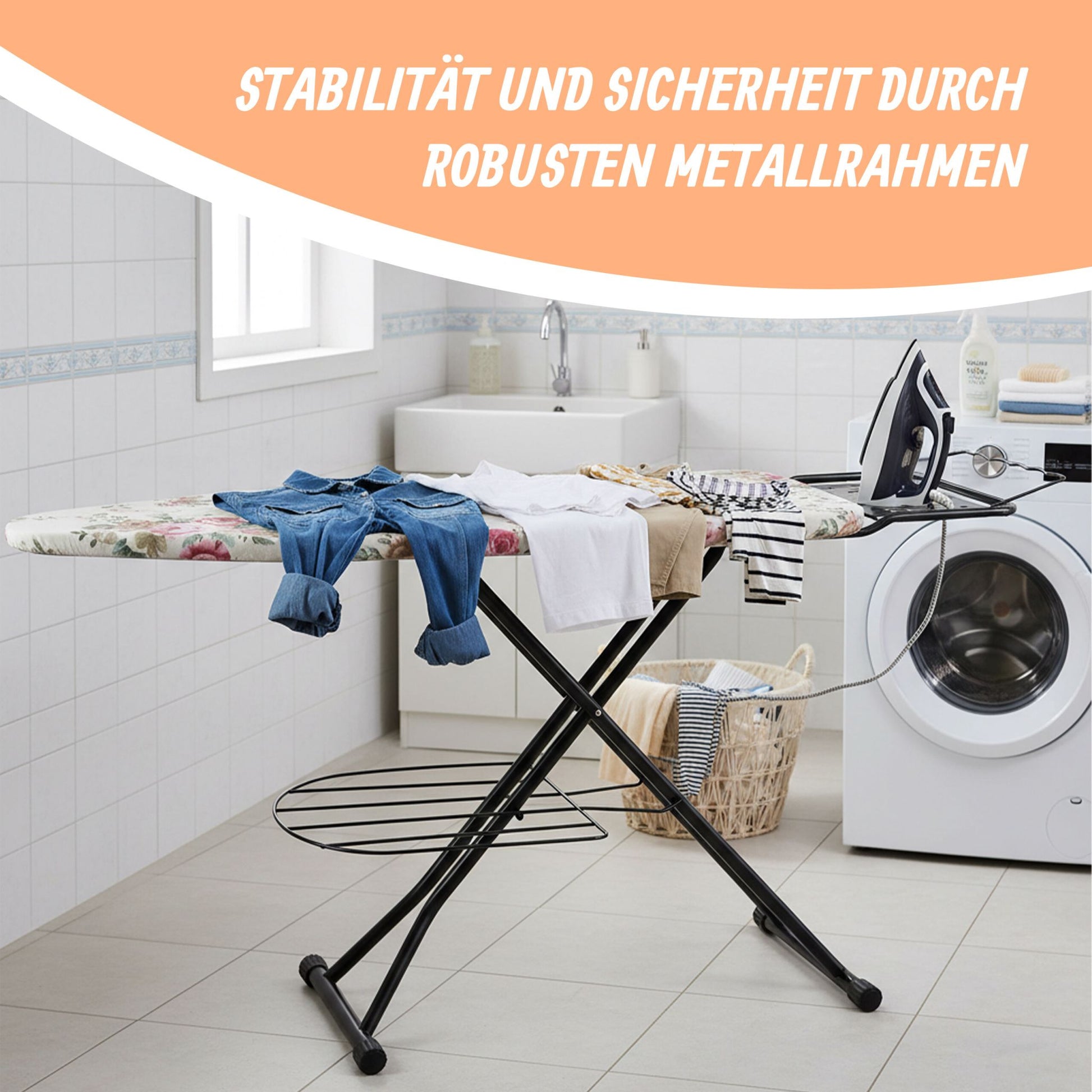 Bügelbrett 110 x 33cm Creme-Rosa-Schwarz von Relaxdays