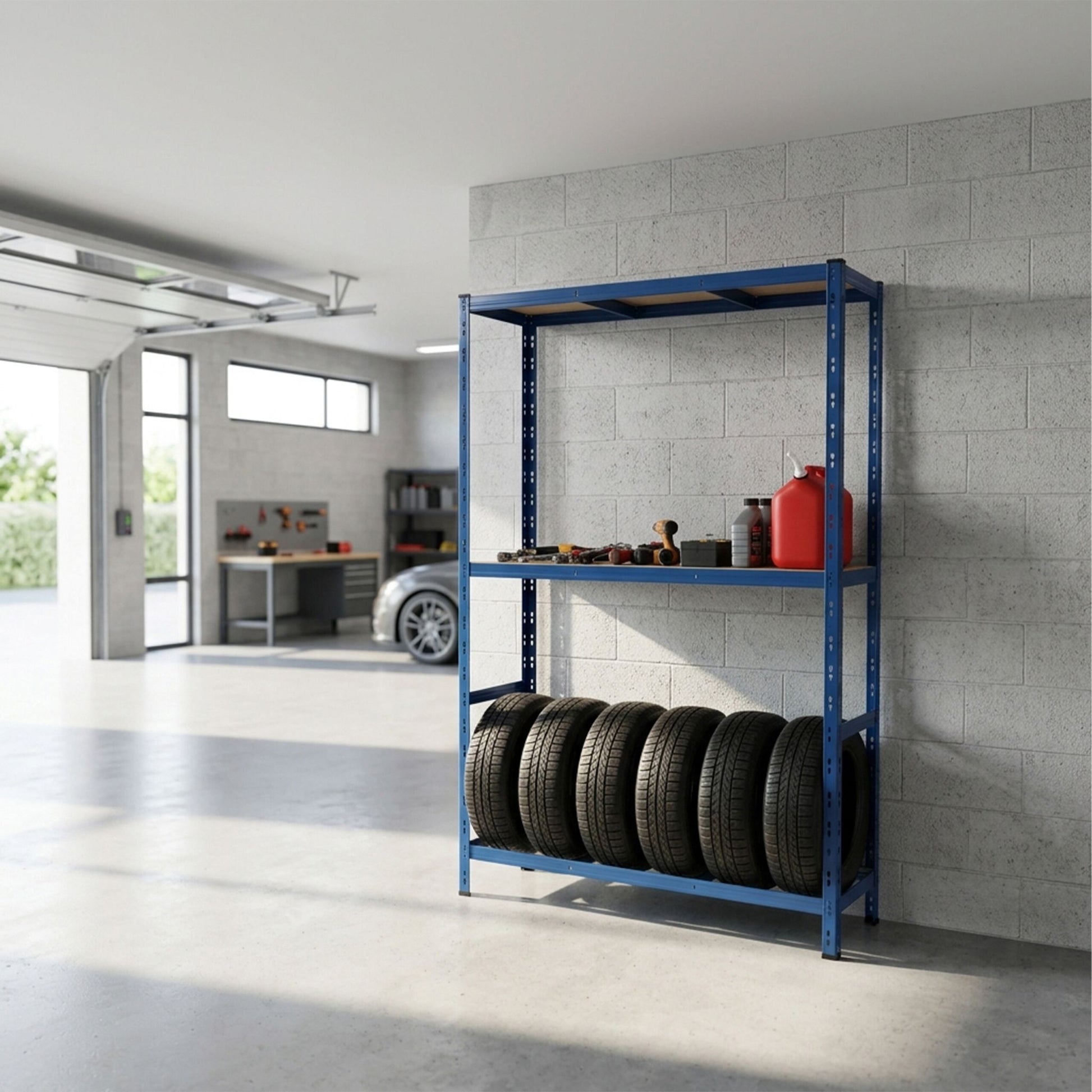 Reifenregal mit 2 Ablagen Blau von Relaxdays