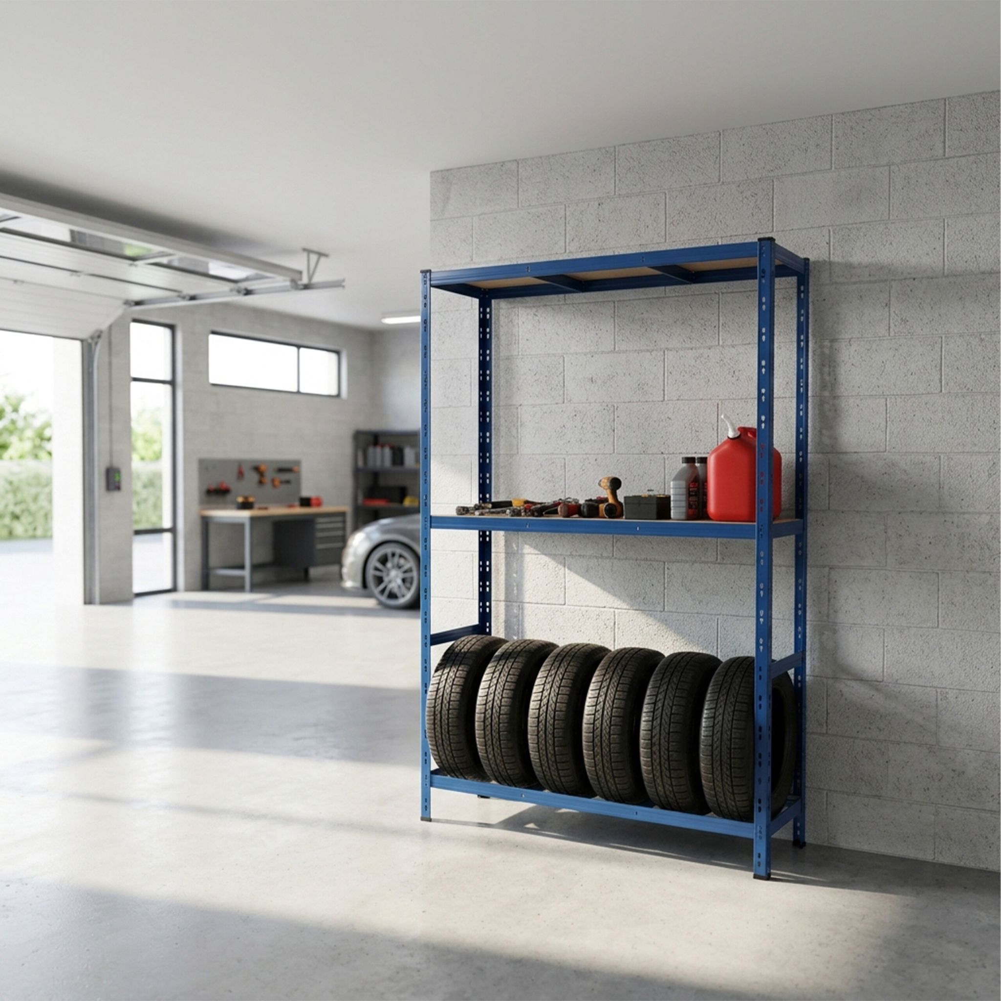Reifenregal mit 2 Ablagen Blau von Relaxdays